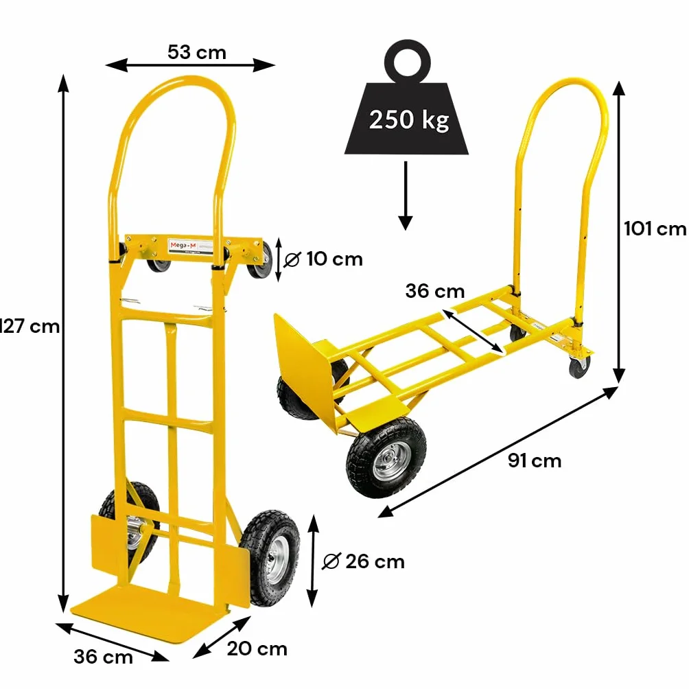 Mega-M Wózek transportowy magazynowy kurierski 2 w 1 MŁYNARKA 250KG KOŁA ŁOŻYSKOWANE rozkładany MOCNY (żółty)