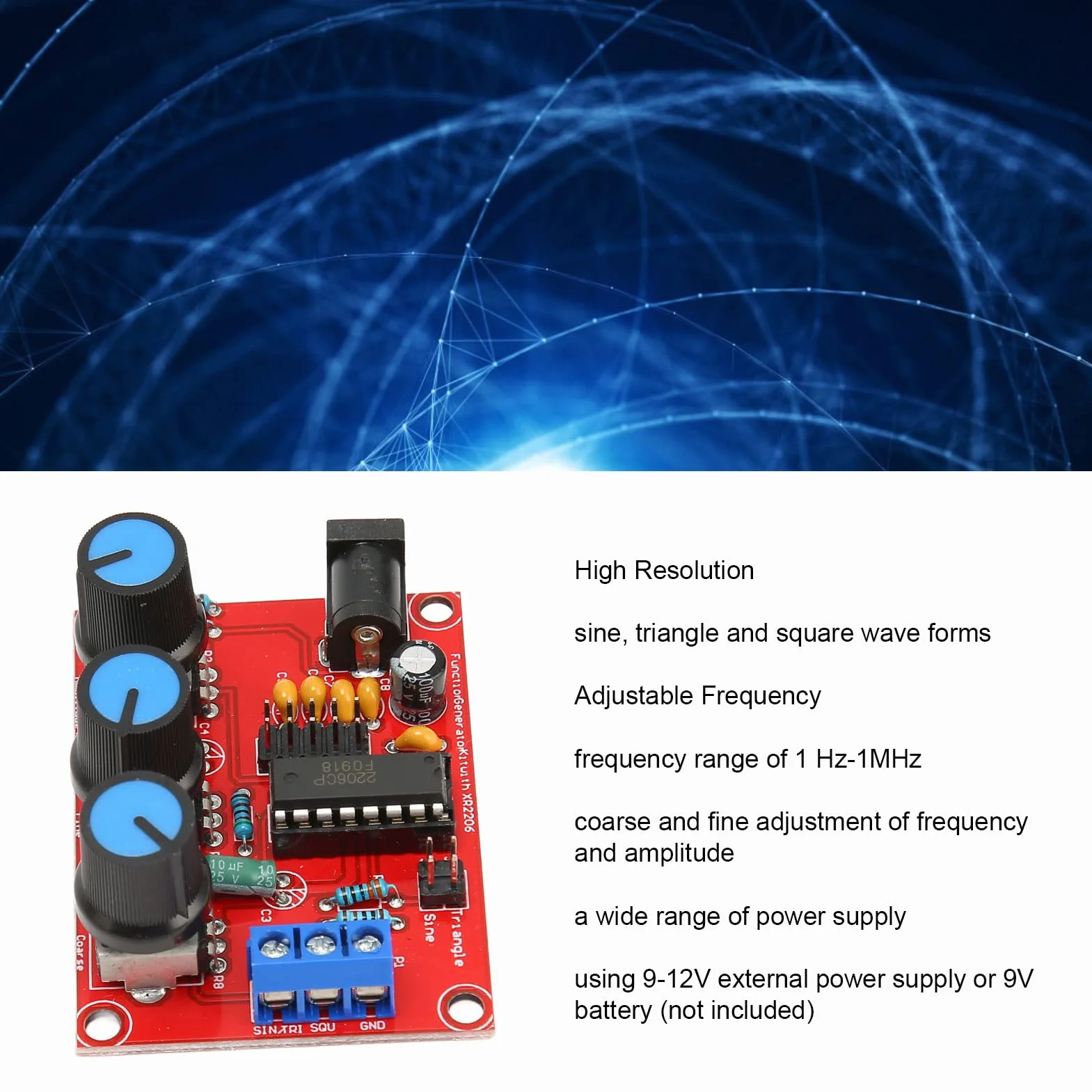 Zestaw Generatora Sygnału, XR2206 Precyzyjny Generator Sygnału Funkcji Moduł Częstotliwości Wyjście Trójkąta Sinusoidalnego Kwadrat 1Hz-1MHz Generator Sygnału Wejściowego 9-12V DC