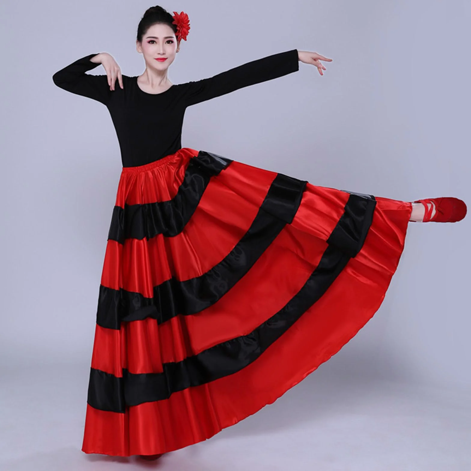Damska czarna czerwona warstwowa długa spódnica do hiszpańskiego flamenco Meksyk Balet Folklorico spódnica do tańca brzucha długa spódnica flamenco hiszpański taniec duża huśtawka kostium na Halloween