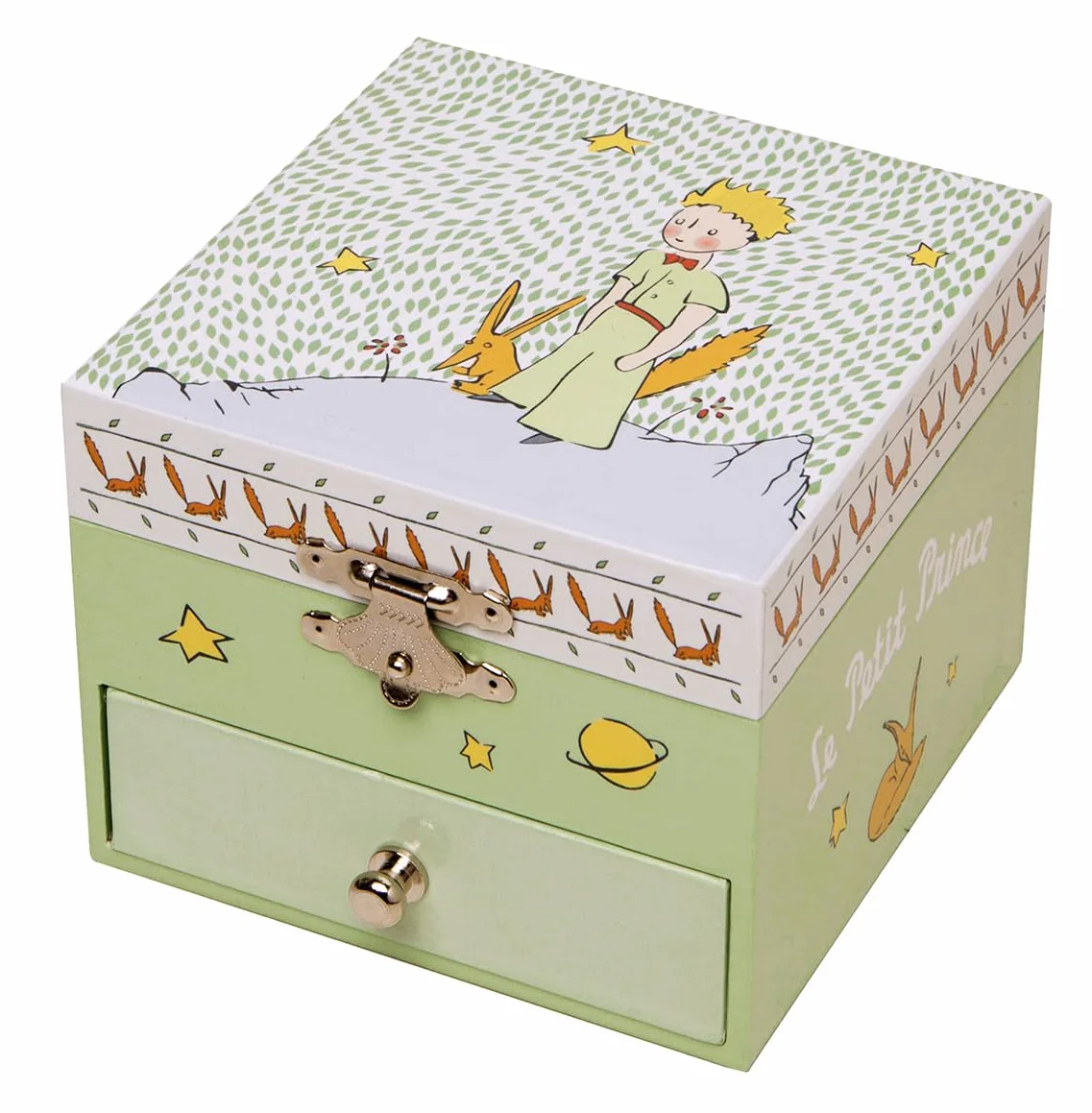 TROUSSELIER - Le Petit Prince. Saint Exupéry - Pudełko ze skarbami i biżuterią muzyczną - Idealny prezent dla dzieci - Świeci w nocy - Muzyka Walc d'Amelie Poulain - Colori Green