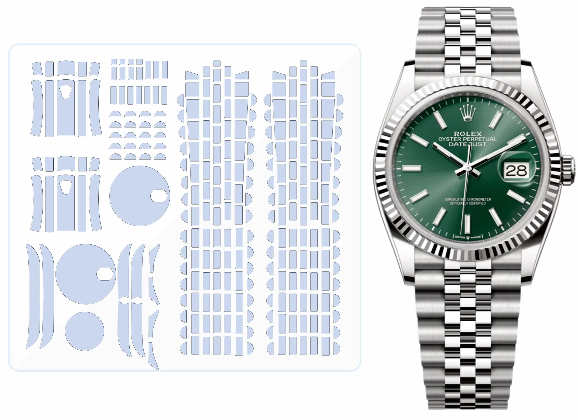 Folia ochronna do zegarka Rolex Datejust 36 mm Ref. 126231 126233 126234 bransoletka jubileuszowa. Przezroczysta skóra pełna osłona ekranu zegarka naklejka (2 x folia na cały korpus)
