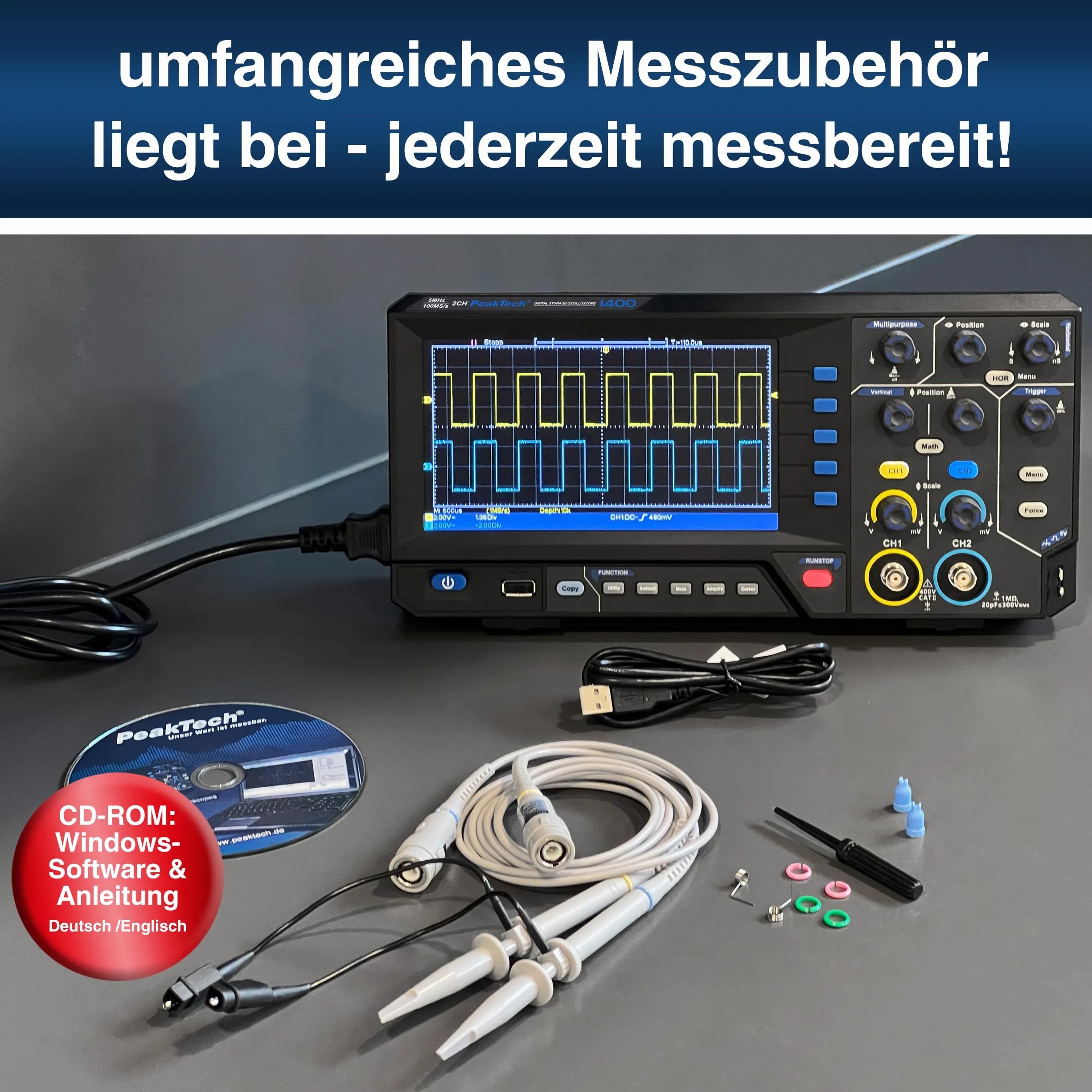 PeakTech 1400 - Kompaktowy oscyloskop cyfrowy, 2-kanałowy, Oscyloskop, szerokość pasma 5 MHz, szybka częstotliwość próbkowania 100 MS/s, złącze USB, w zestawie oprogramowanie PC, wyświetlanie XY i