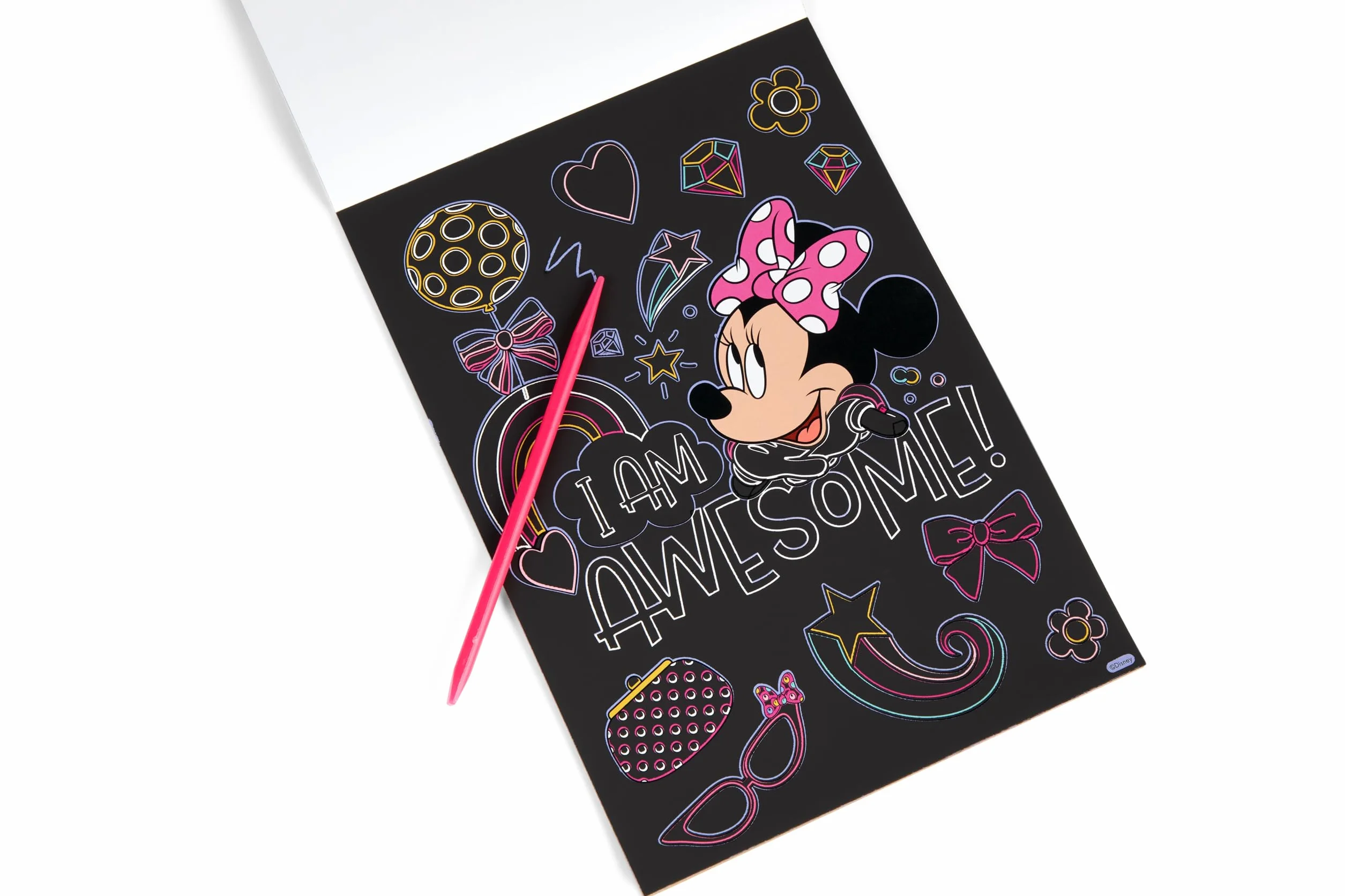 Disney Minnie Mouse Obrazki do zdrapywania książka A5 dla dzieci, zestaw z 15 motywami, w zestawie drewniany pisak do drapania, efekt tęczy, kreatywny zestaw od 3 lat