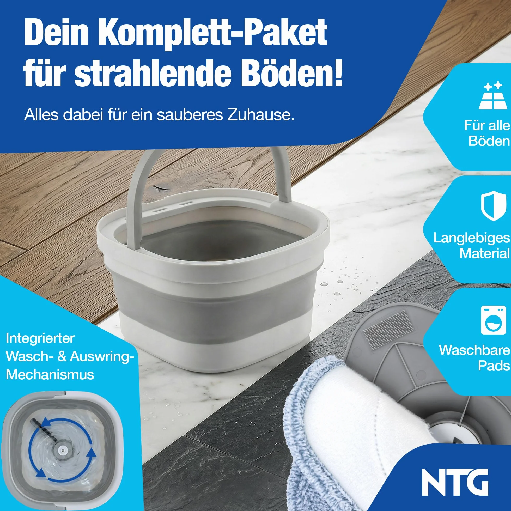 NTG Zestaw mopa z elastycznym wiadrem + drążkiem teleskopowym | podkładki z mikrofibry I Roto Mop | system 2-komorowy do oddzielania świeżej i brudnej wody z technologią wirowania | wycieraczka do