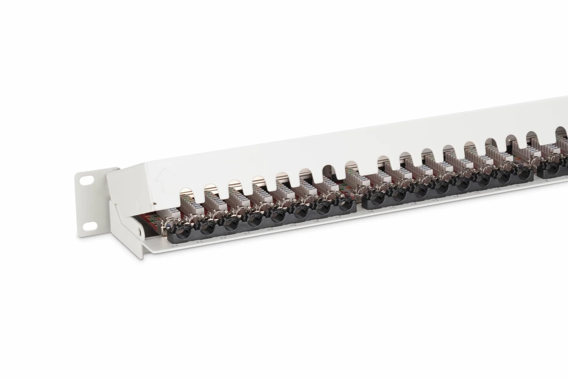 DIGITUS Panel krosowy - 19 cali - Cat-6A - 24 porty RJ45 - ekranowany - LSA - montaż w szafie rack 1U - szary