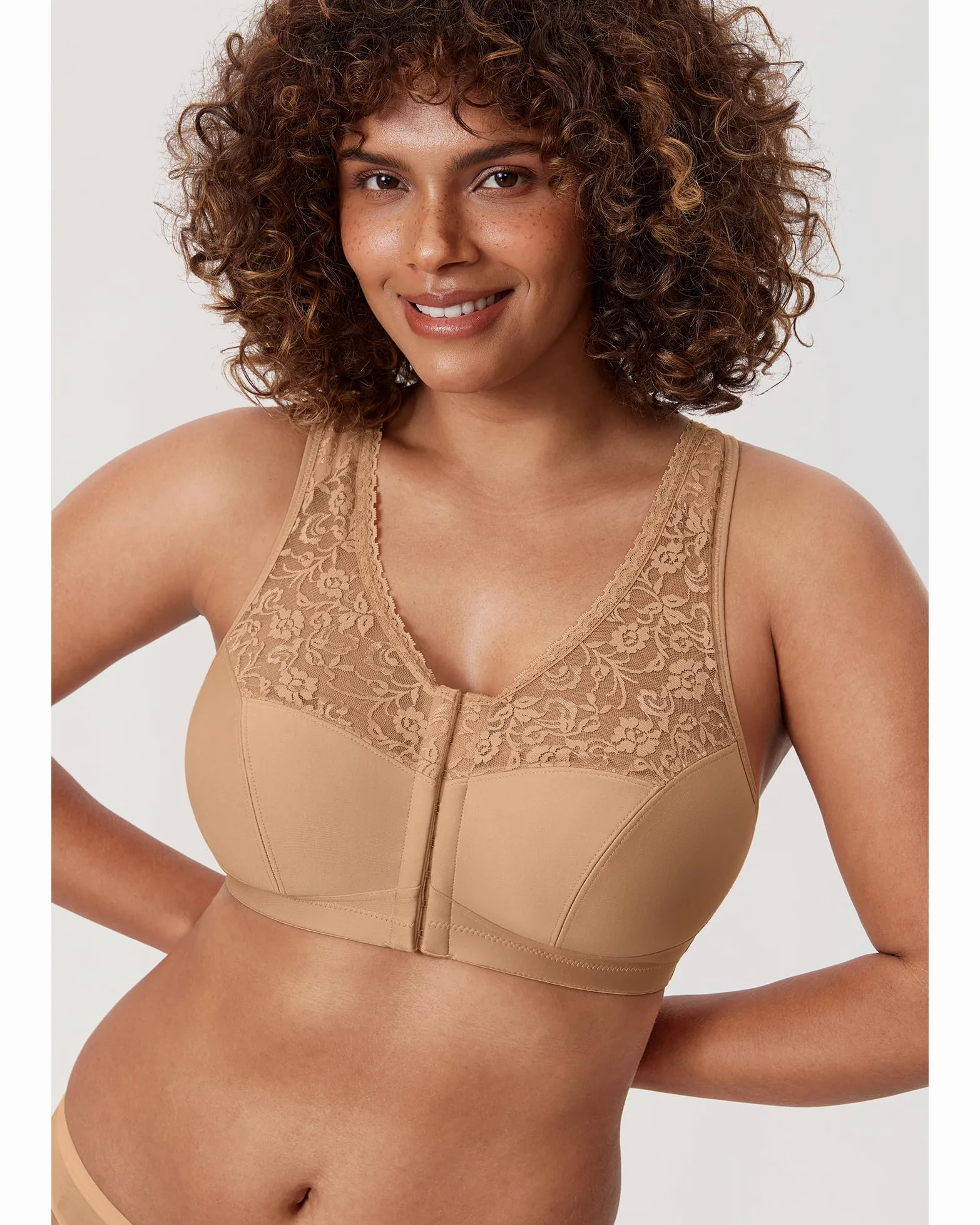 DELIMIRA Biustonosze Damskie Zapinane Z Przodu Racerback Plus Size Bezprzewodowe Koronkowe Biustonosze Z Pełnym Pokryciem