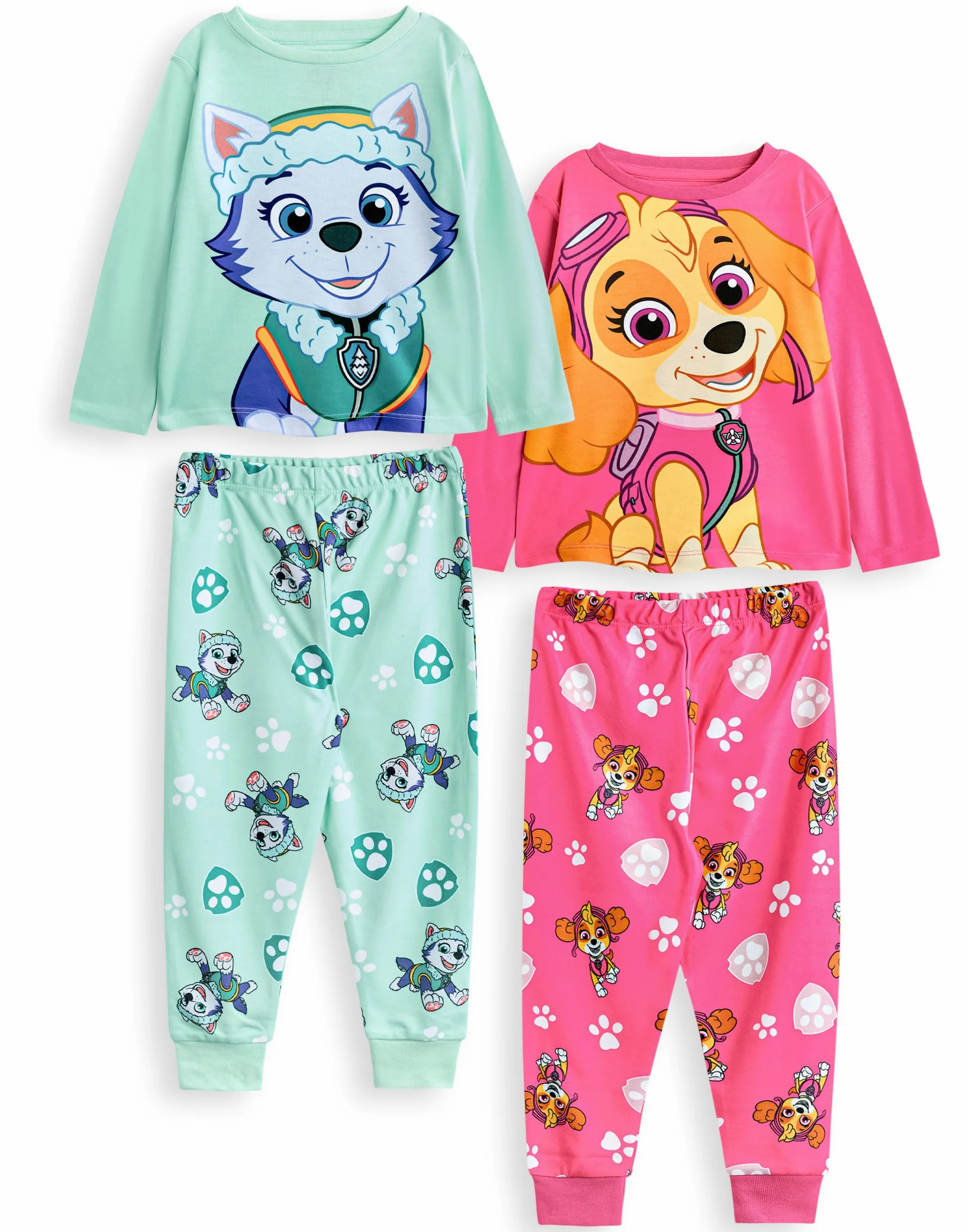 PAW PATROL Skye & Everest piżama dziewczęca, zestaw 2 sztuk, koszulka z długim rękawem z grafiką charakteru dla dzieci, spodnie piżamowe z długimi nogawkami, w kolorze różowym i szarym, bielizna nocna