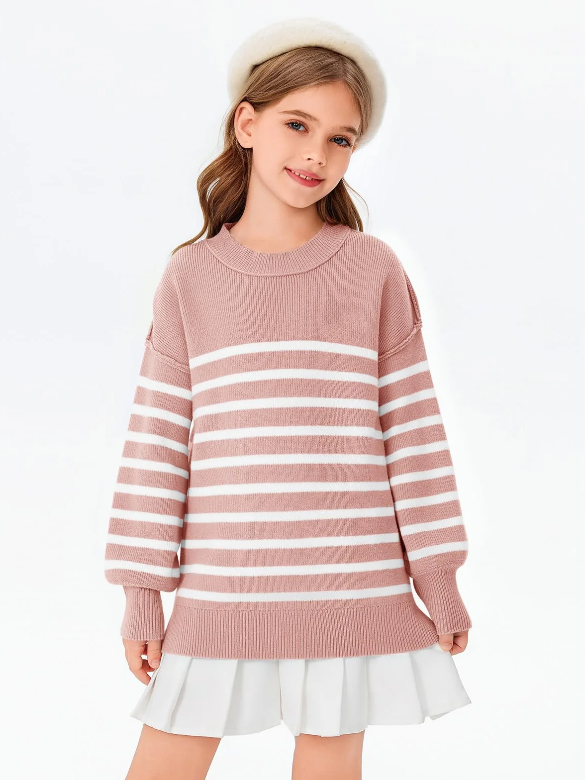 Dziewczęcy sweter w paski oversize z nietoperza na jesień i zimę