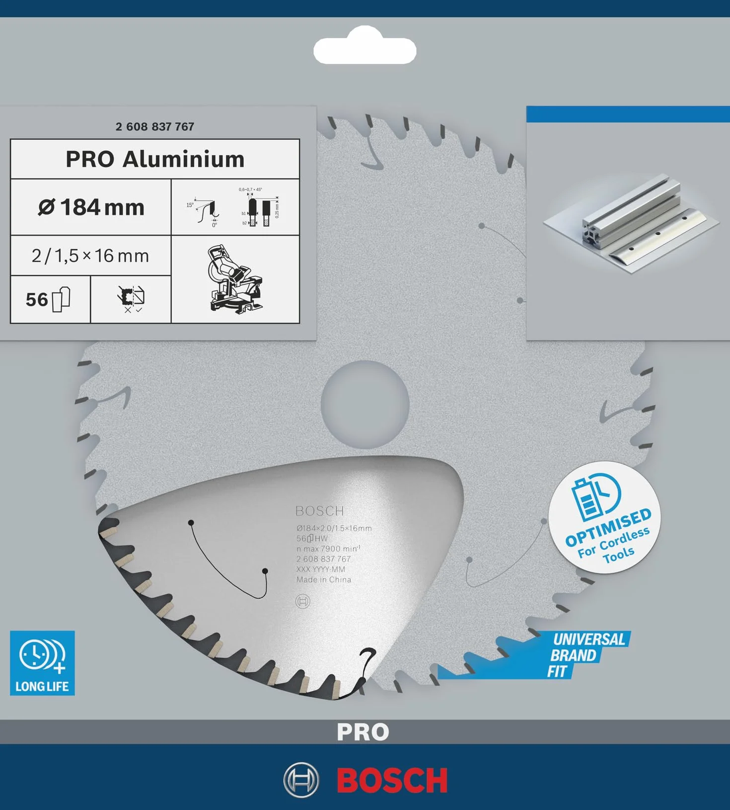 Bosch Professional Piła Tarczowa Standard for Aluminium, do Aluminium, 184 x 16 x 2 mm, 56 Zęby, Akcesoria do Piły Tarczowej