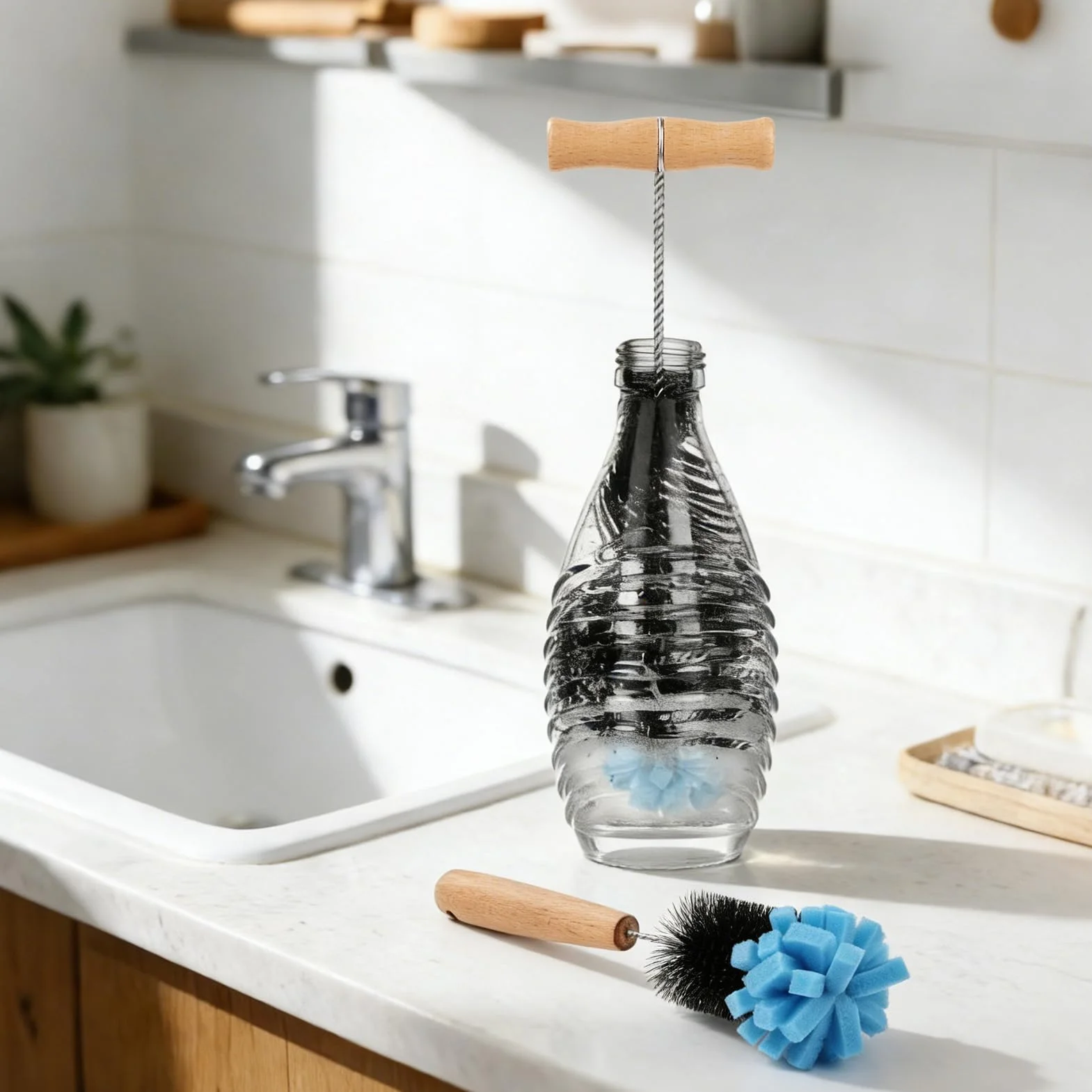 Zestaw 2 szczotek do butelek, kompatybilne z butelkami szklanymi Sodastream, 33 cm + 28 cm, z uchwytem ze stali nierdzewnej 304, twardym nylonowym włosiem i głowicą gąbkową, nie rysuje butelek