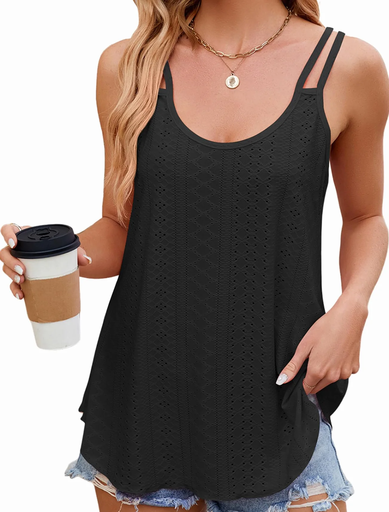 Letni damski podkoszulek spaghetti z haftem z oczkami na ramiączkach damski bez rękawów okrągły dekolt tank top tank topy dla kobiet