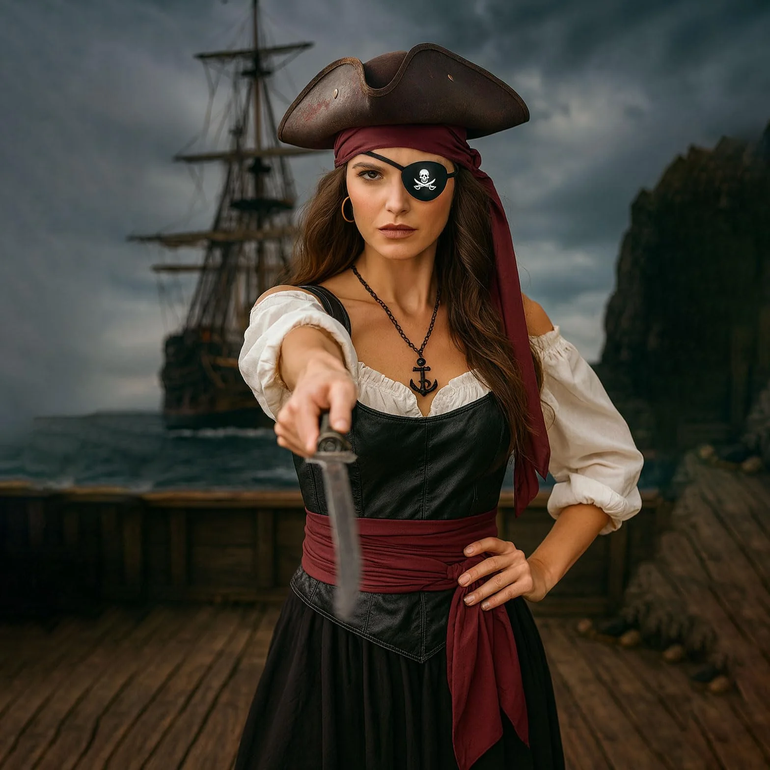 AYNKH Zestaw 6 akcesoriów pirackich dla mężczyzn i kobiet kapelusz szalik pasek naszyjnik z kotwicą kolczyki pirackie zatyczki do oczu idealne na Halloween, cosplay pirackie bale zamaskowane pokazy