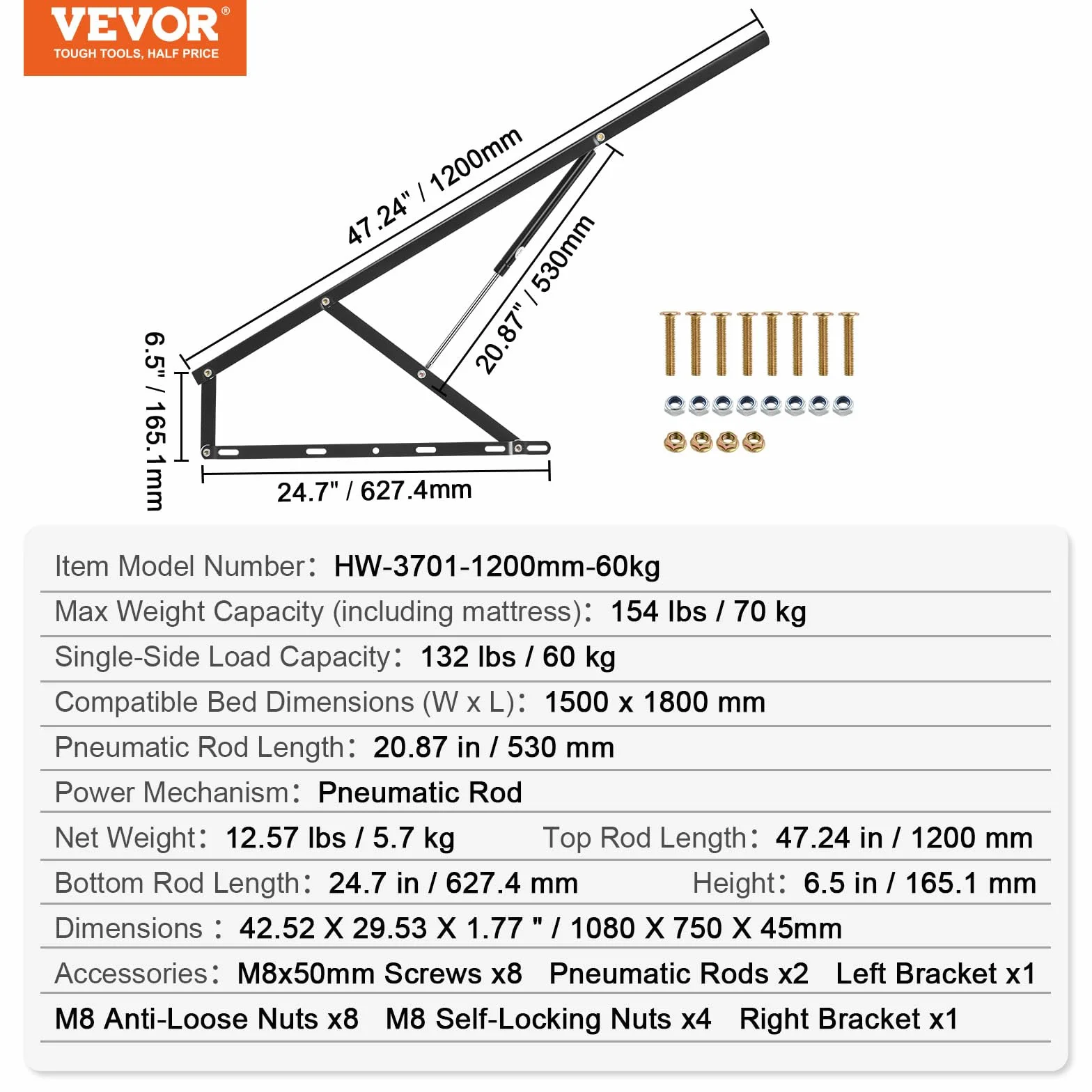 VEVOR Podnośnik do łóżka, 150 x 180 cm, kompatybilny rozmiar łóżka, nośność 69 kg, zestaw sprzętu mechanicznego do samodzielnego wykonania, pionowy Deluxe, pneumatyczna dźwignia, wytrzymałe podparcie