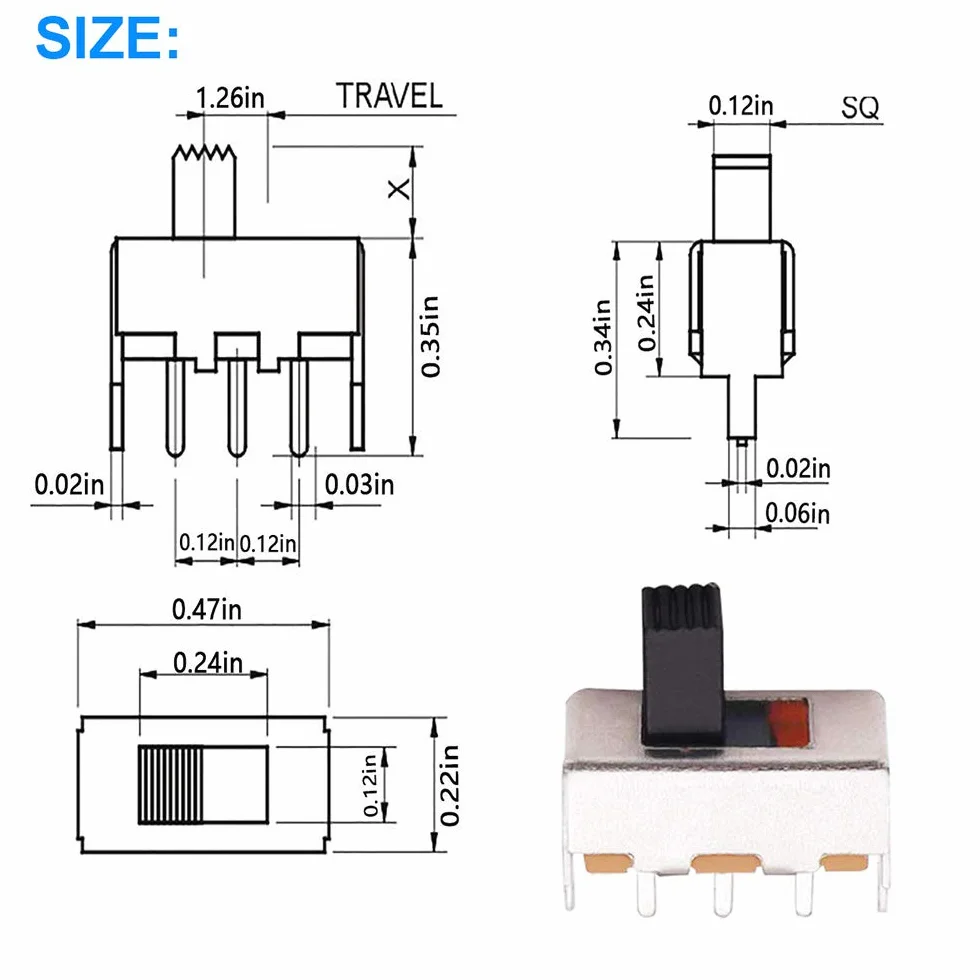 20 sztuk mini pionowych przełączników przesuwnych 1P2T SPDT 3 piny 2 pozycje DC50V 0,5A SS12F44 przełącznik z 20 sztukami 3 mm mini panel przełącznik przesuwny wł./wył. SK12D07VG3 przełącznik