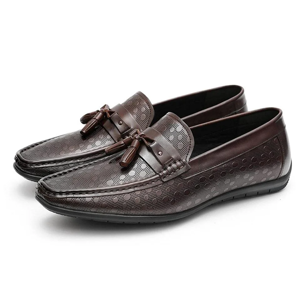 Rui Landed Mokasyny do jazdy dla mężczyzn buty do łodzi wsuwane premium prawdziwa skóra wytłoczony wzór miękkie płaskie płytkie frędzle oddychająca wyściełana podeszwa z wypustkami