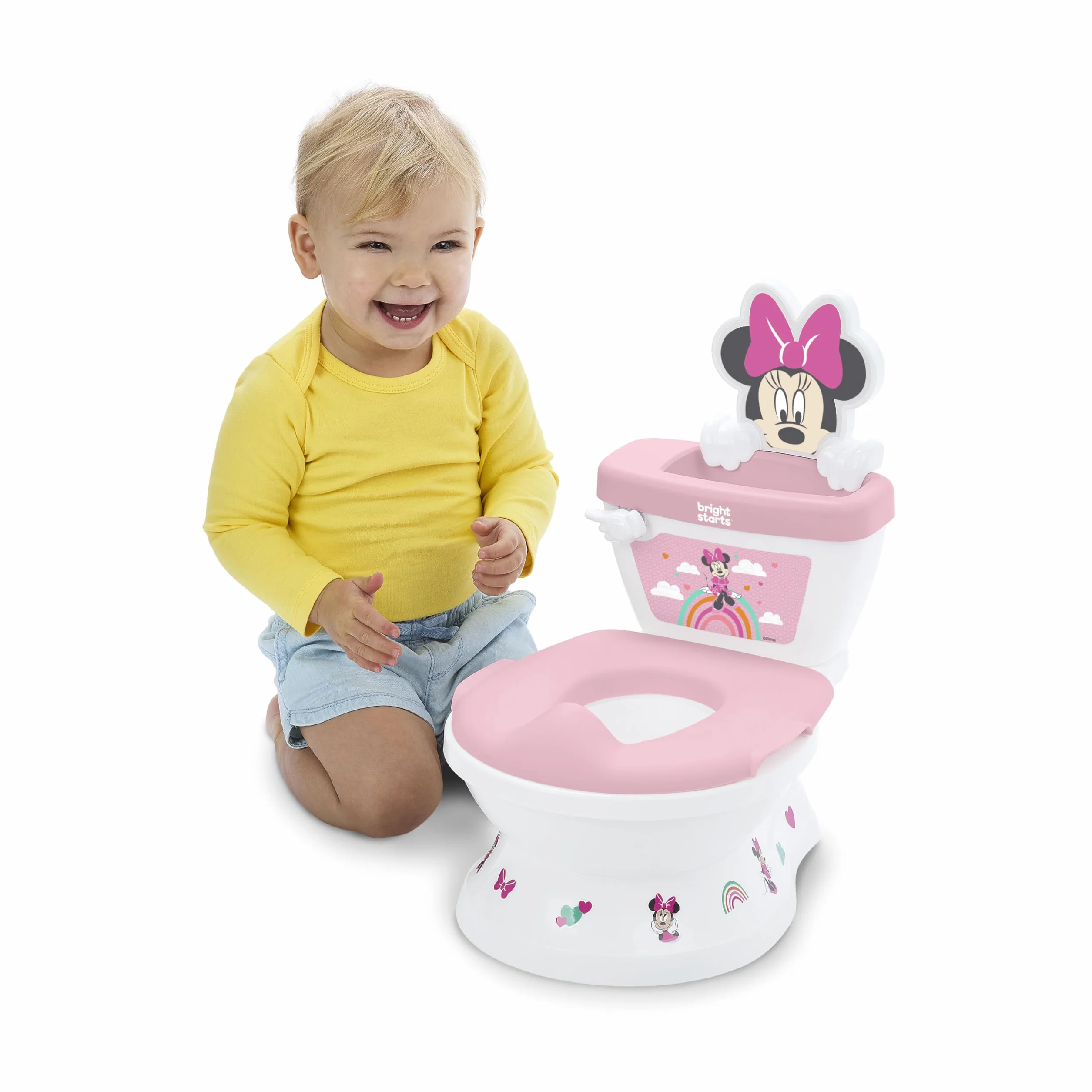 Disney Baby Minnie Mouse My Size toaleta do nauki korzystania z nocnika od Bright Starts, krzesło nocnika z dźwiękami spłukiwania i wiwatowania, zdejmowane siedzisko z ochroną przed zachlapaniem i