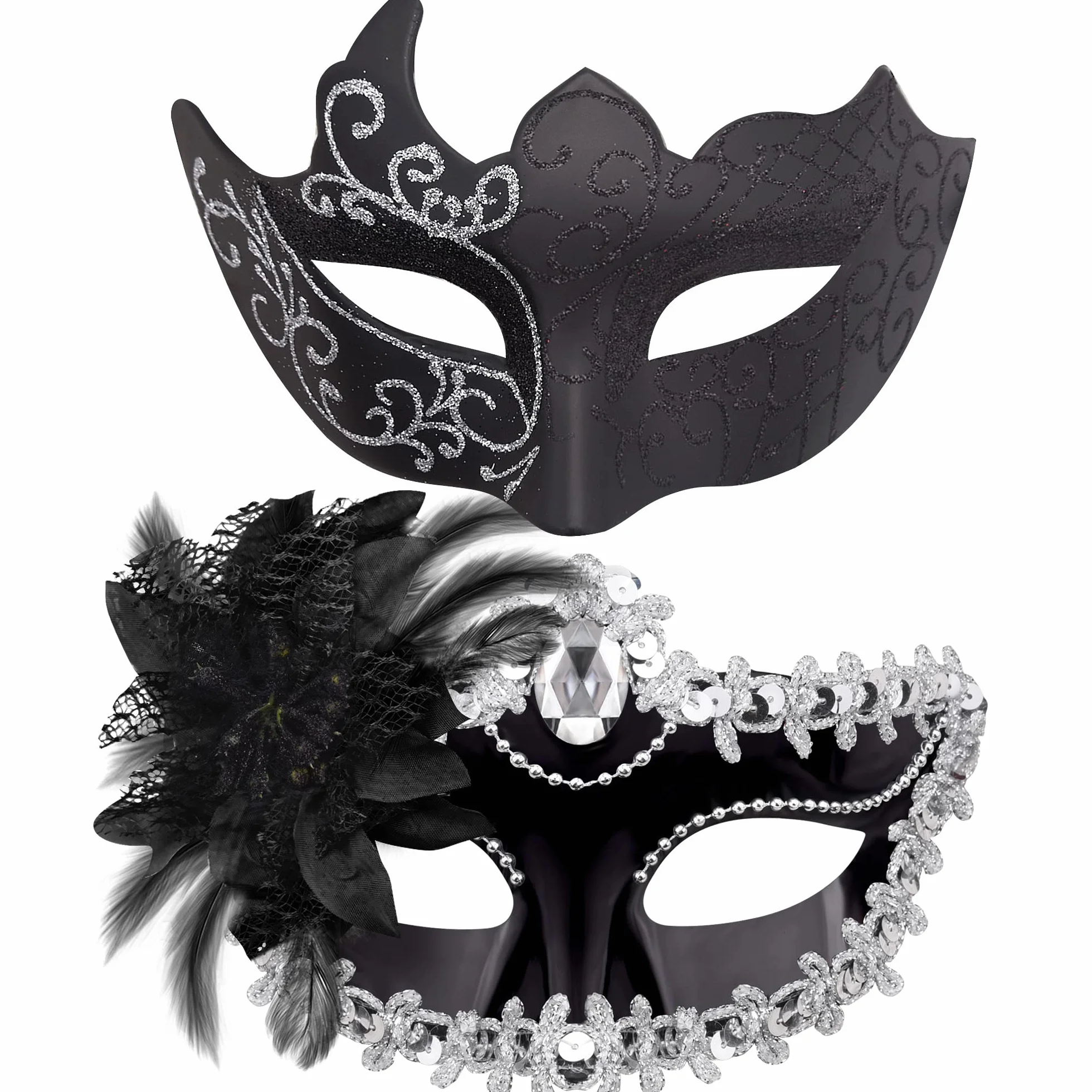 SIQUK Para maskaradowych masek zestaw wenecka maska na imprezę plastikowa maska na Halloween kostium maska Mardi Gras dla kobiet i mężczyzn, Czarny i srebrny, rozmiar uniwersalny