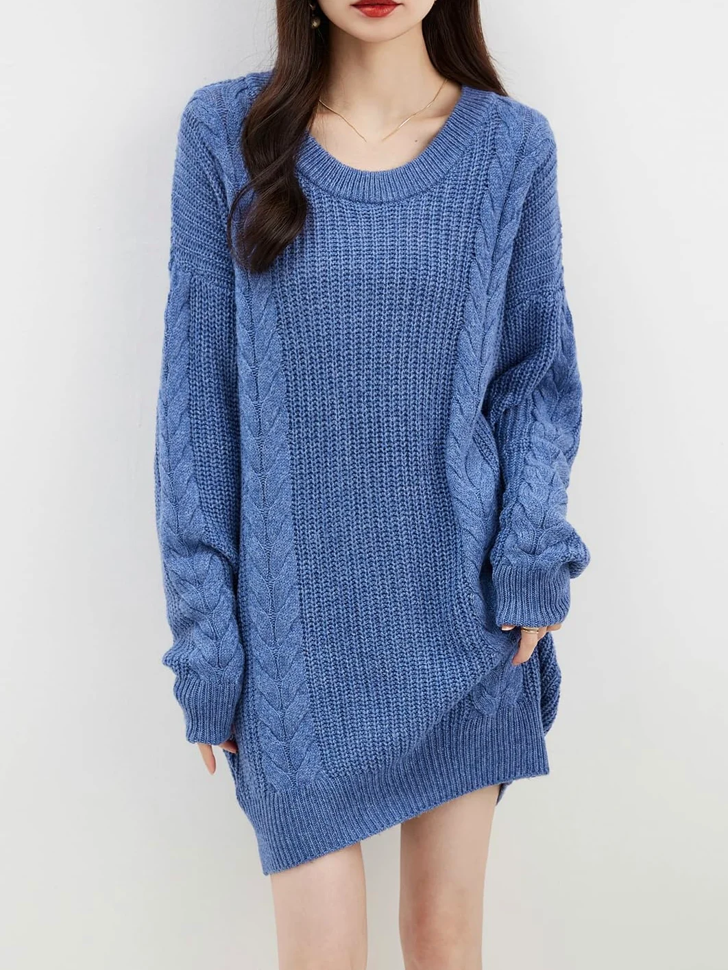 Disimlarl Damski sweter oversize, jesienno-zimowy, ciepły sweter z okrągłym dekoltem, długi rękaw, dzianinowy, długi sweter, wełniany sweter