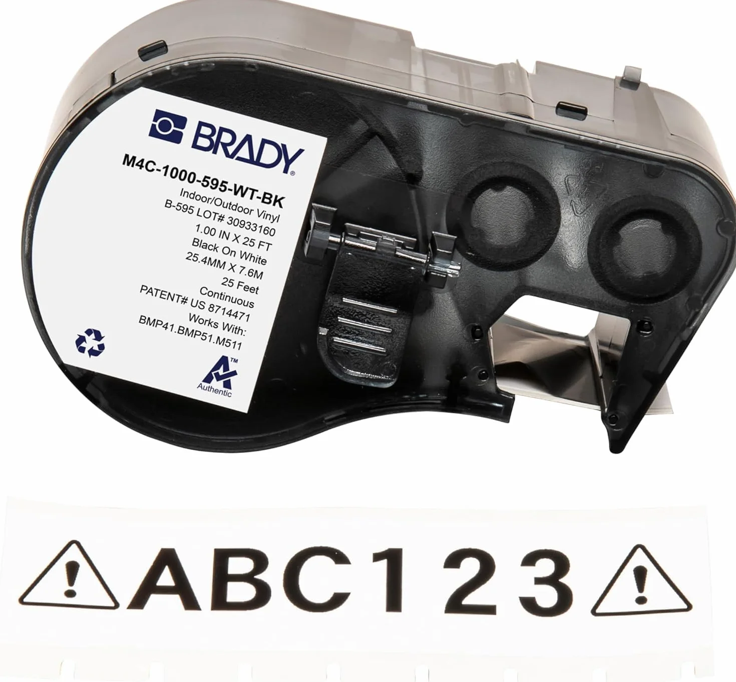 Brady Taśma do Drukarek Etykiet M410, M510, M511 – Samoprzylepne Etykiety Przemysłowe – Czarny na Białym (25,4 mm x 7,62 m) – M4C-1000-595-WT-BK