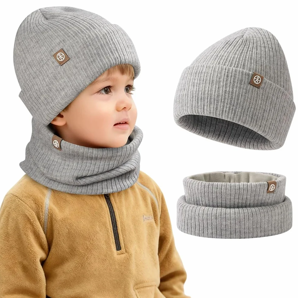 Zestaw czapek i szalika dla dzieci, czapka zimowa beanie i szalik, czapka z dzianiny, ciepła dzianina, uniseks, dla chłopców i dziewczynek, 2-8 lat, na narty, rower, outdoor
