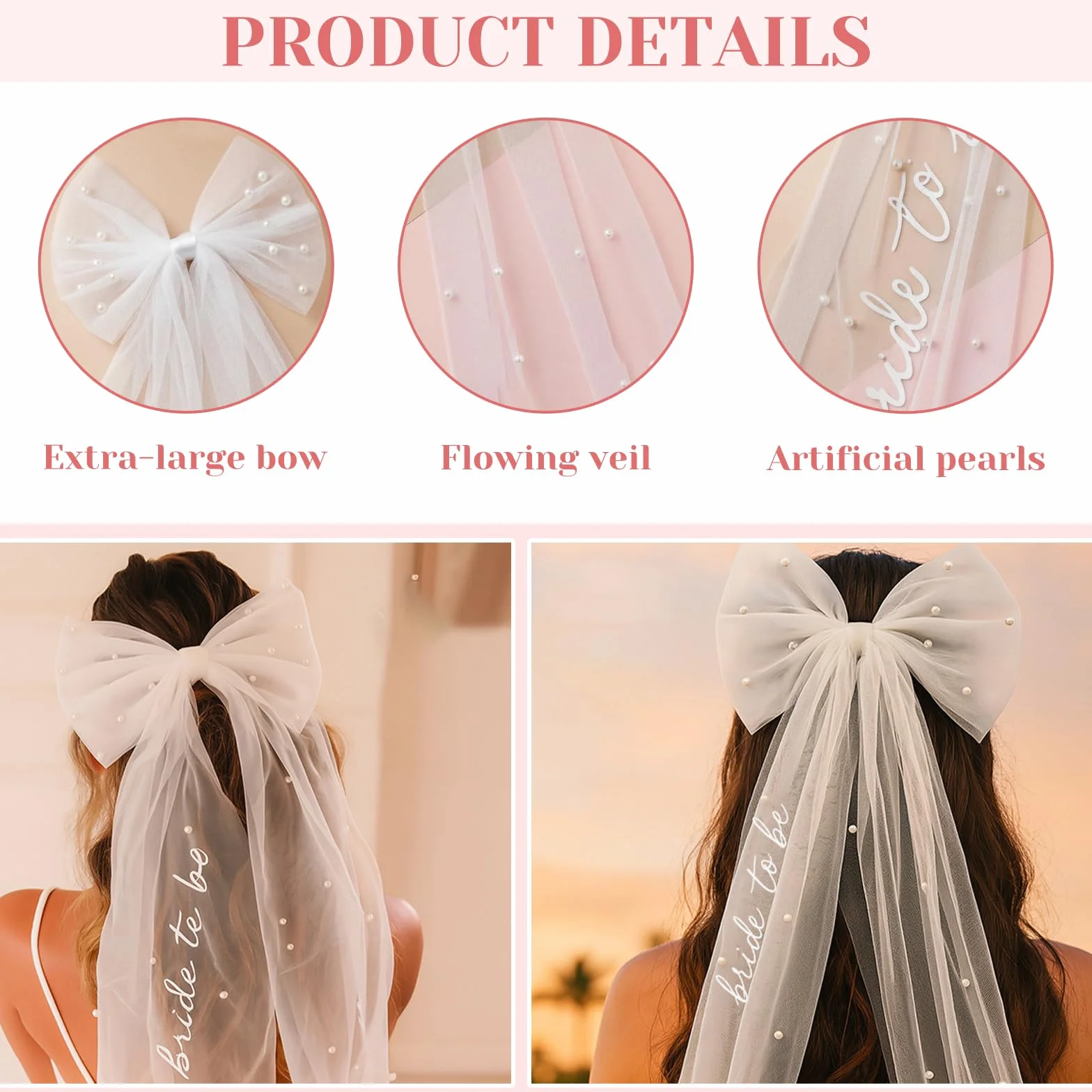 Bride to Be Bow Veil with Pearls, White Bridal Hair Bow Clip with Veil für Bachelorette, Bridal Shower, Wedding Morning
