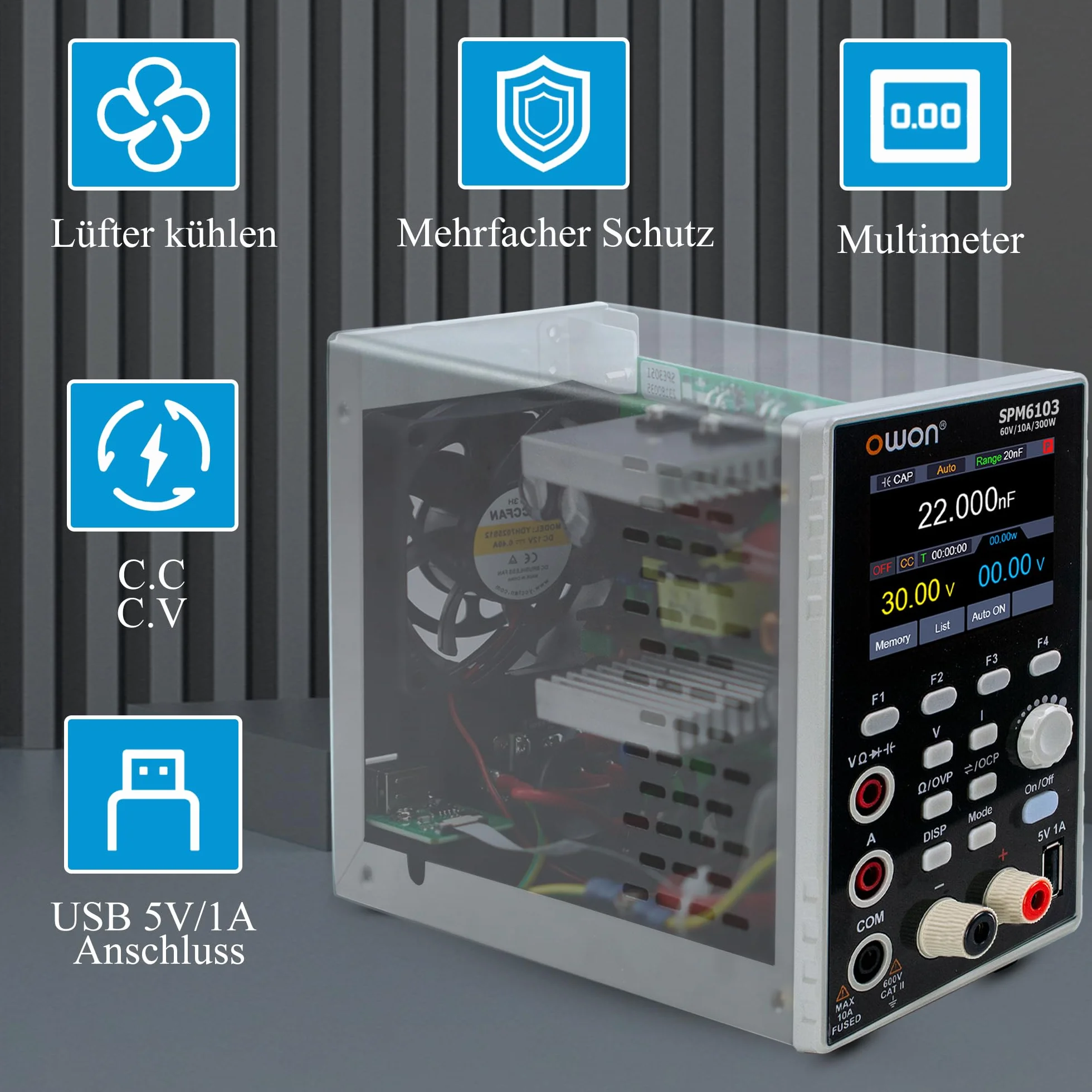 OWON Zasilanie DC Z Multimetrem 2 W 1, Moliwo Regulacji, Zasilanie Laboratoryjne, 10 MV/1 MA, Wysoka Rozdzielczo, 4 1/2 Cyfrowy Multimetr, Wywietlacz 2,8 Cala (300 W/60 V/10 A/SPM6103)