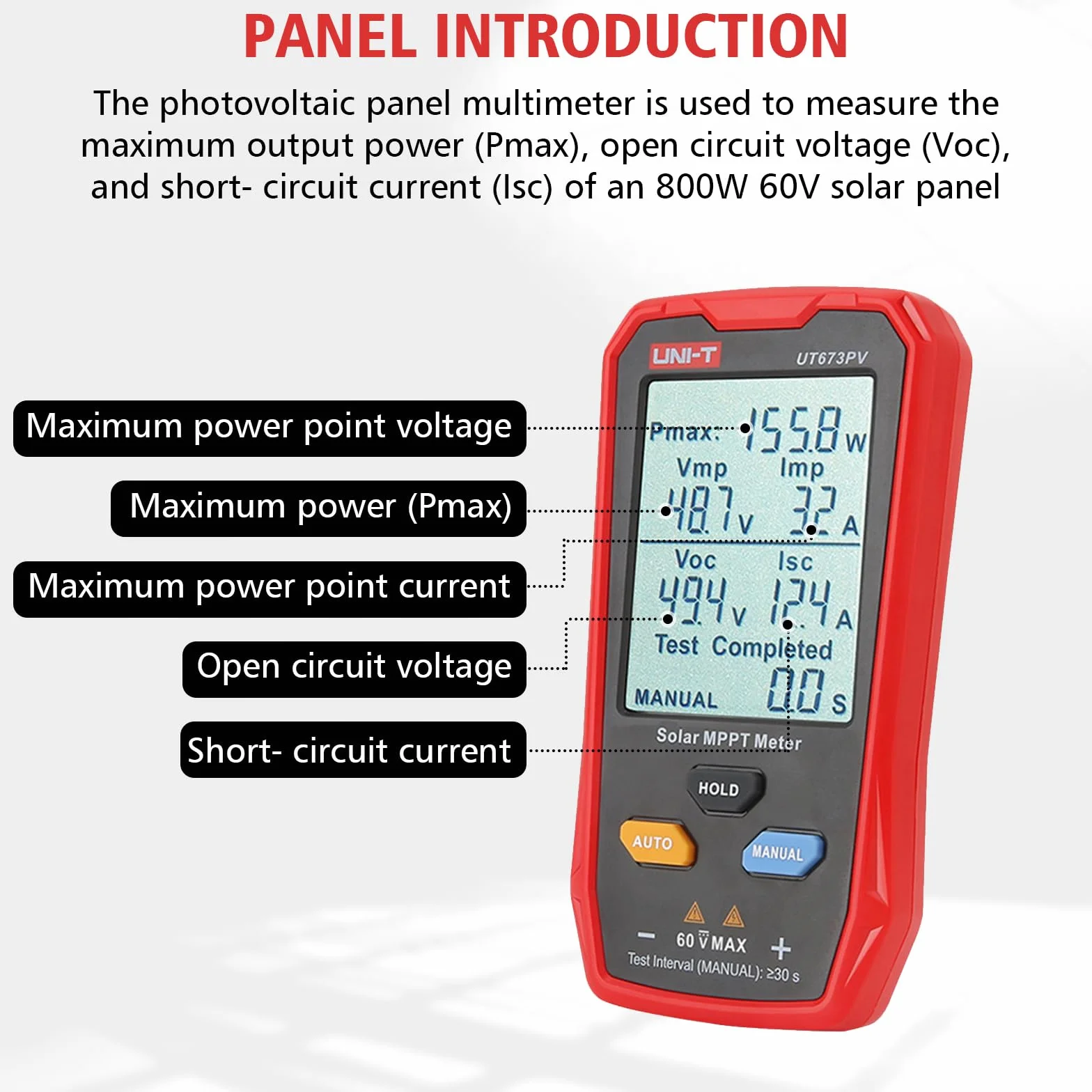 UT673PV tester paneli słonecznych, 800 W, multimetr fotowoltaiczny z wyświetlaczem LCD, fotowoltaicznym panelem słonecznym, tester mocy, inteligentny MPPT rozwiązywanie błędów napięcia jałowego, nie