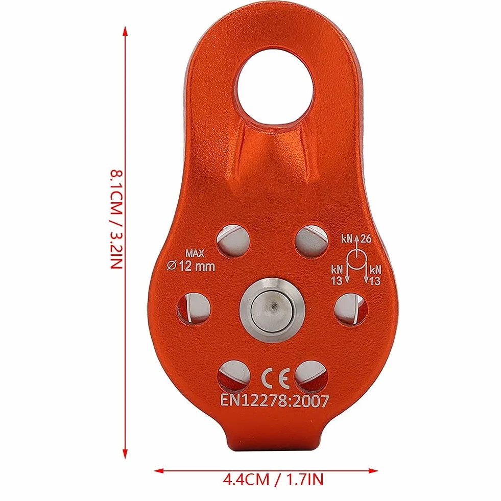 ZJchao 26KN Wytrzymały Aluminiowy Blok Linowy Obrotowy Blok Linowy do Liny 12 Mm z Bocznymi Płytami Antykorozyjnymi Płynny Obrót do Wspinaczki, Ciągnięcia i Transportu (ORANGE)