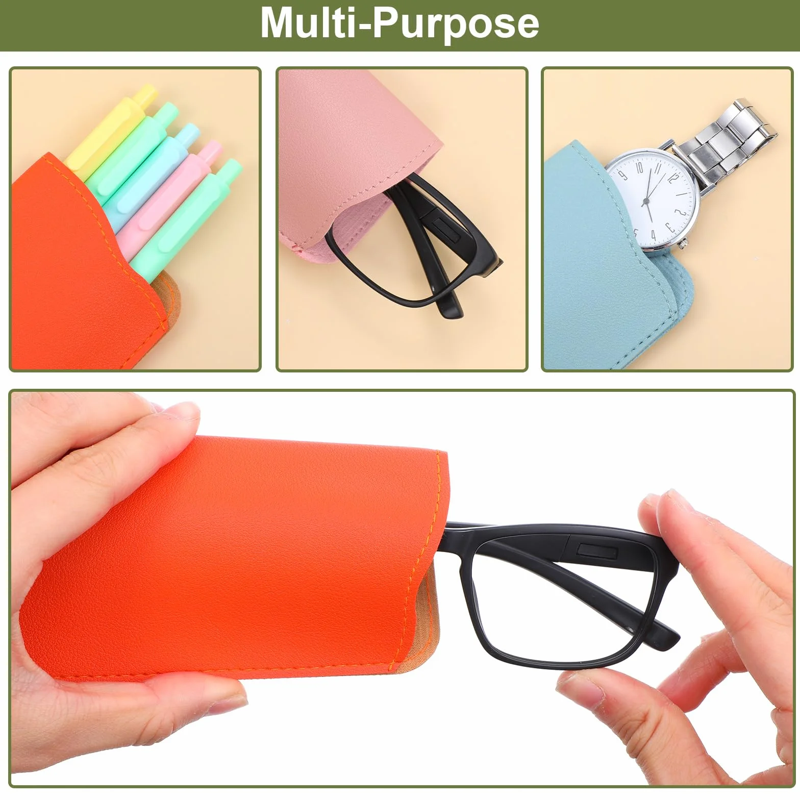 JJUNW 8 sztuk miękkich etui na okulary, ze skóry PU, przenośne etui na okulary, 17,8 x 7,6 cm, płaskie etui na okulary do czytania, dla mężczyzn i kobiet