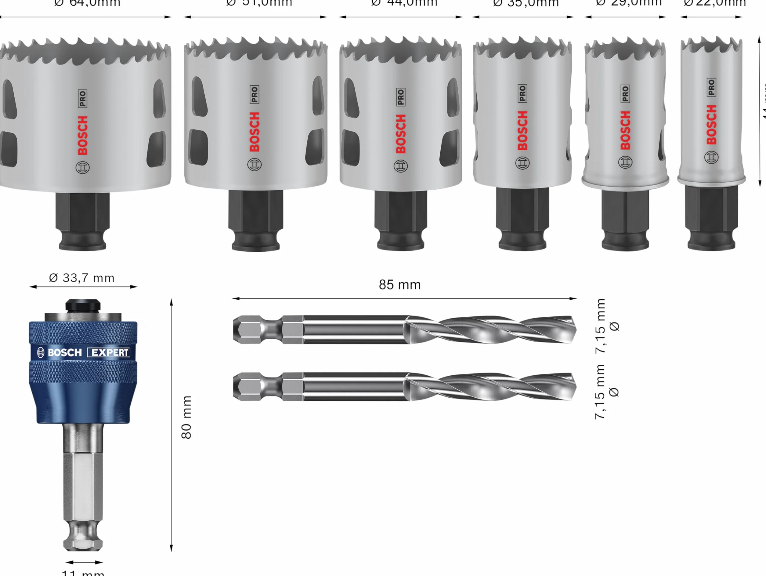 Bosch 9 x PRO Multi Material Power Change Plus zestaw otwornic – przezroczyste etui (do miękkiego drewna, płyt kartonowo-gipsowych, Ø 22, 29, 35, 44, 51, 64 mm, profesjonalne akcesoria do