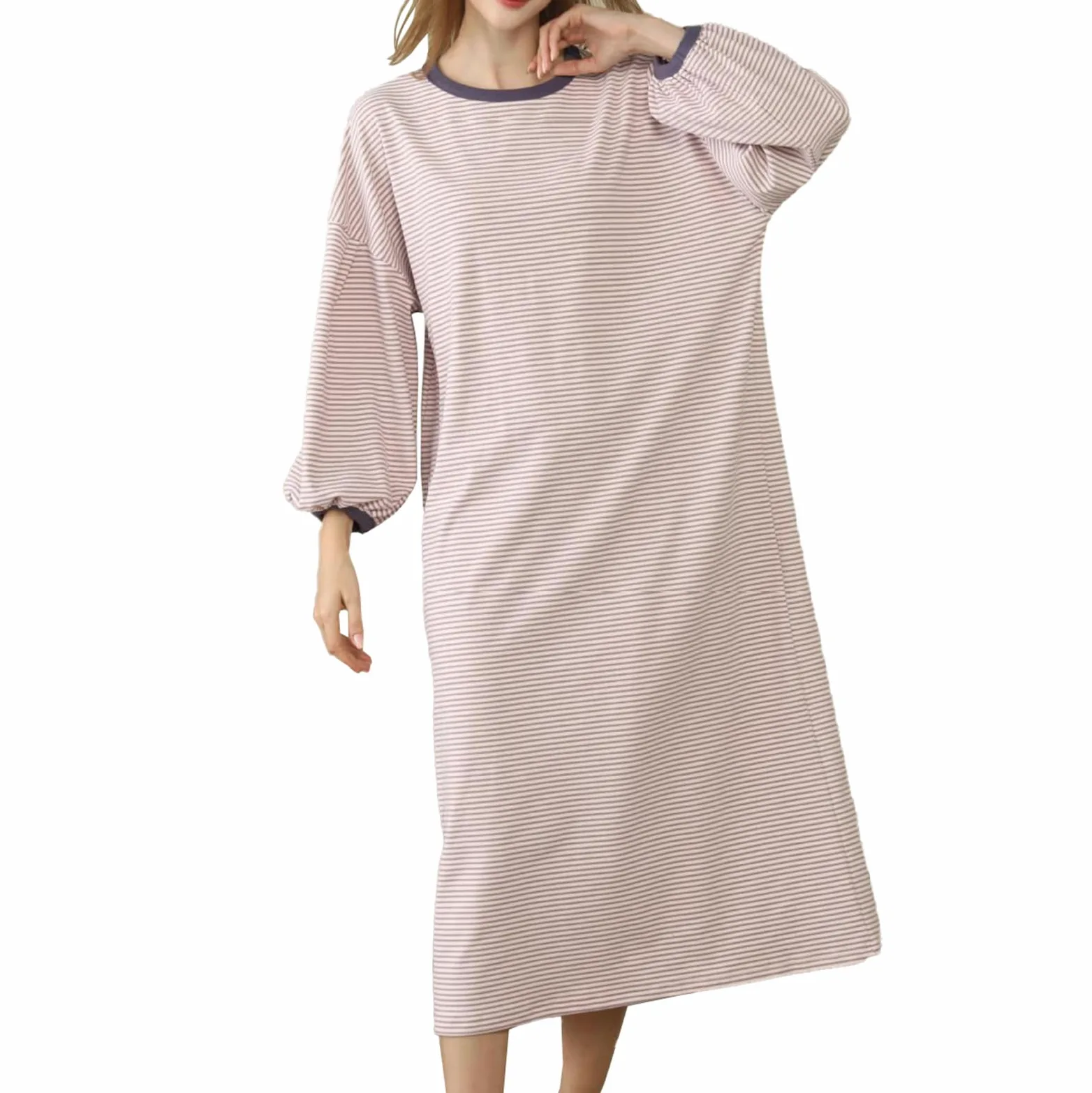 Generic Długie koszule nocne w paski dla kobiet, miękka koszulka nocna z okrągłym dekoltem luźna bielizna nocna Fit Pullover,Pink stripe,One Size