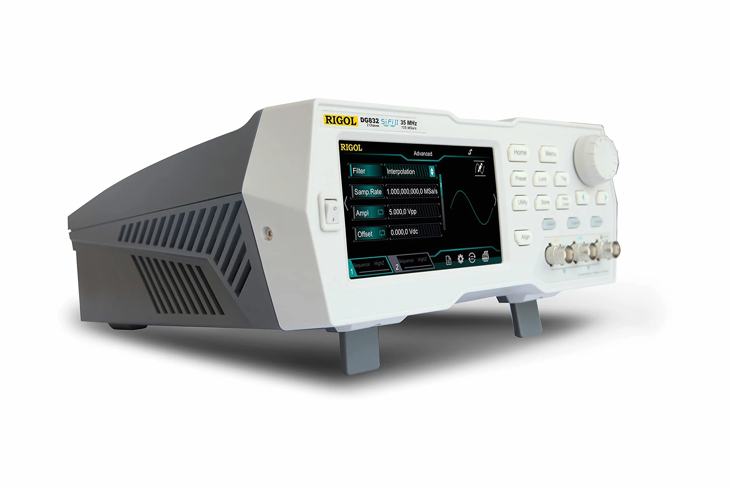 RIGOL DG832 Generator funkcyjny/arbitralny, 35MHz, 125Msa/s, 2Mpts, 2 kanały, 105dBc/Hz szum fazowy, 200ps niski jitter, 16bit, ekran dotykowy, 3 lata bezpłatnej gwarancji