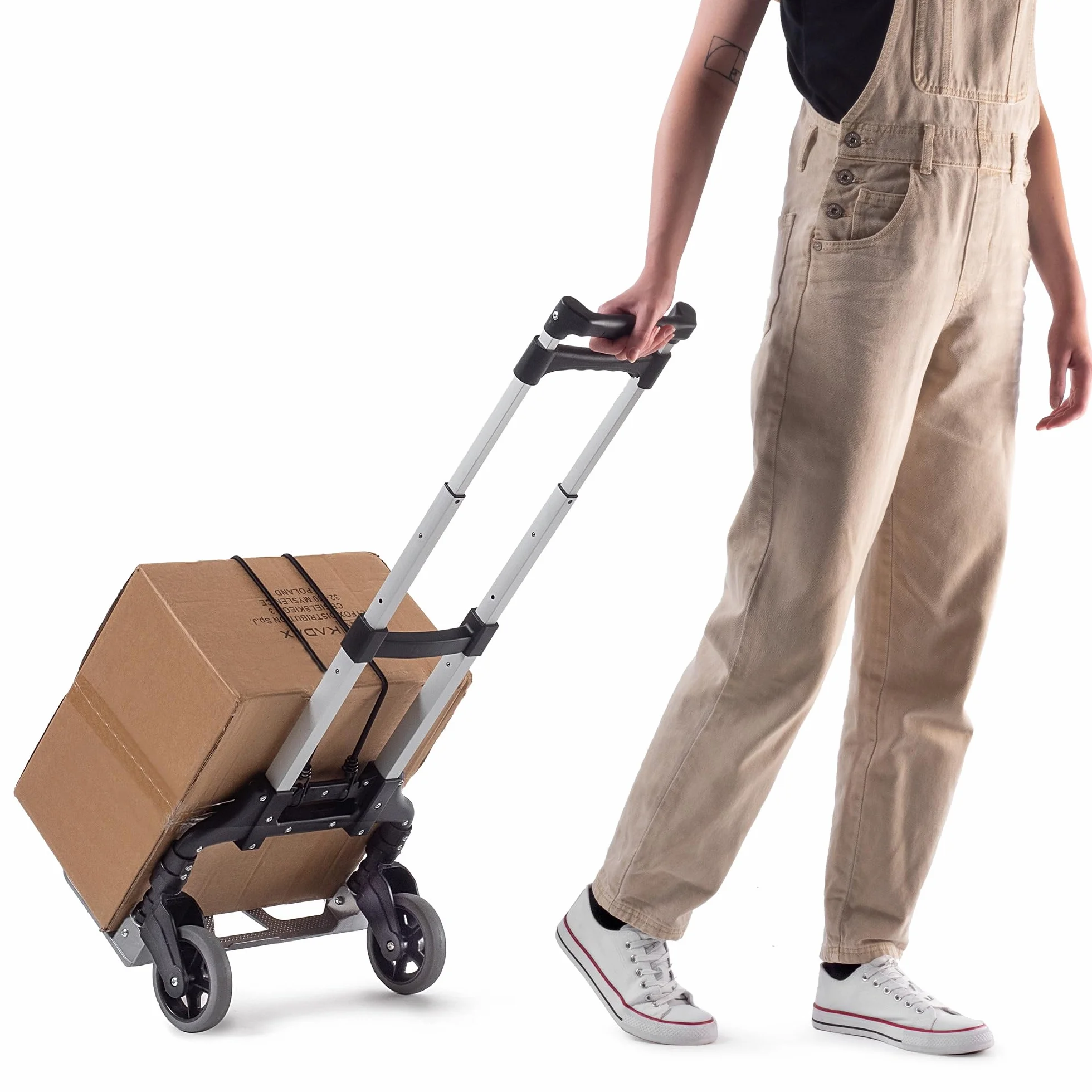 KADAX Wózek transportowy składany aluminiowy, teleskopowy uchwyt, antypoślizgowa platforma, do przewożenia ładunków w domu, ogrodzie i garażu