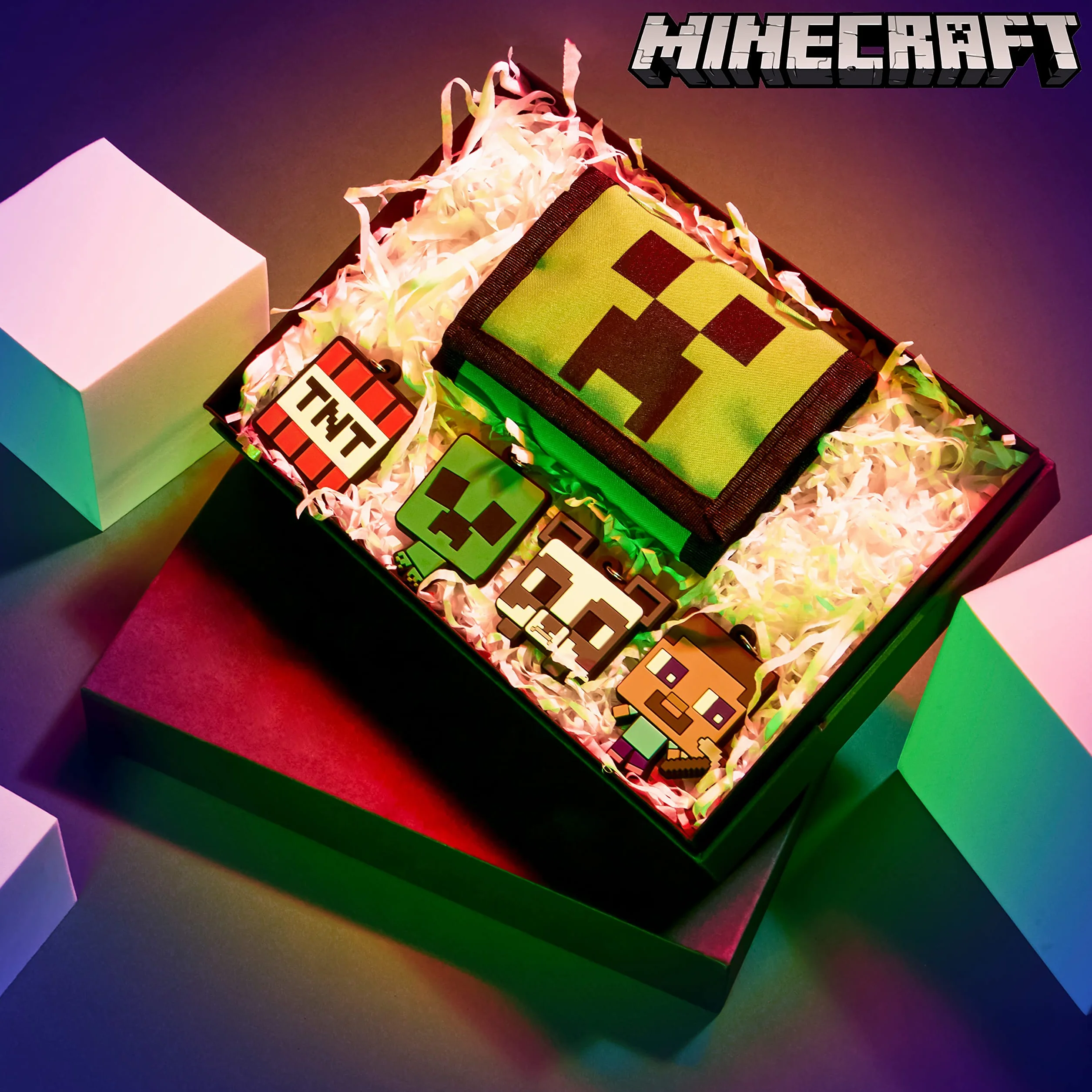 Minecraft Portfel chłopięcy z przegródkami na karty i kieszenią na monety z zamkiem błyskawicznym - breloki Creeper dla dzieci akcesoria dla graczy, zestaw upominkowy - prezenty dla graczy