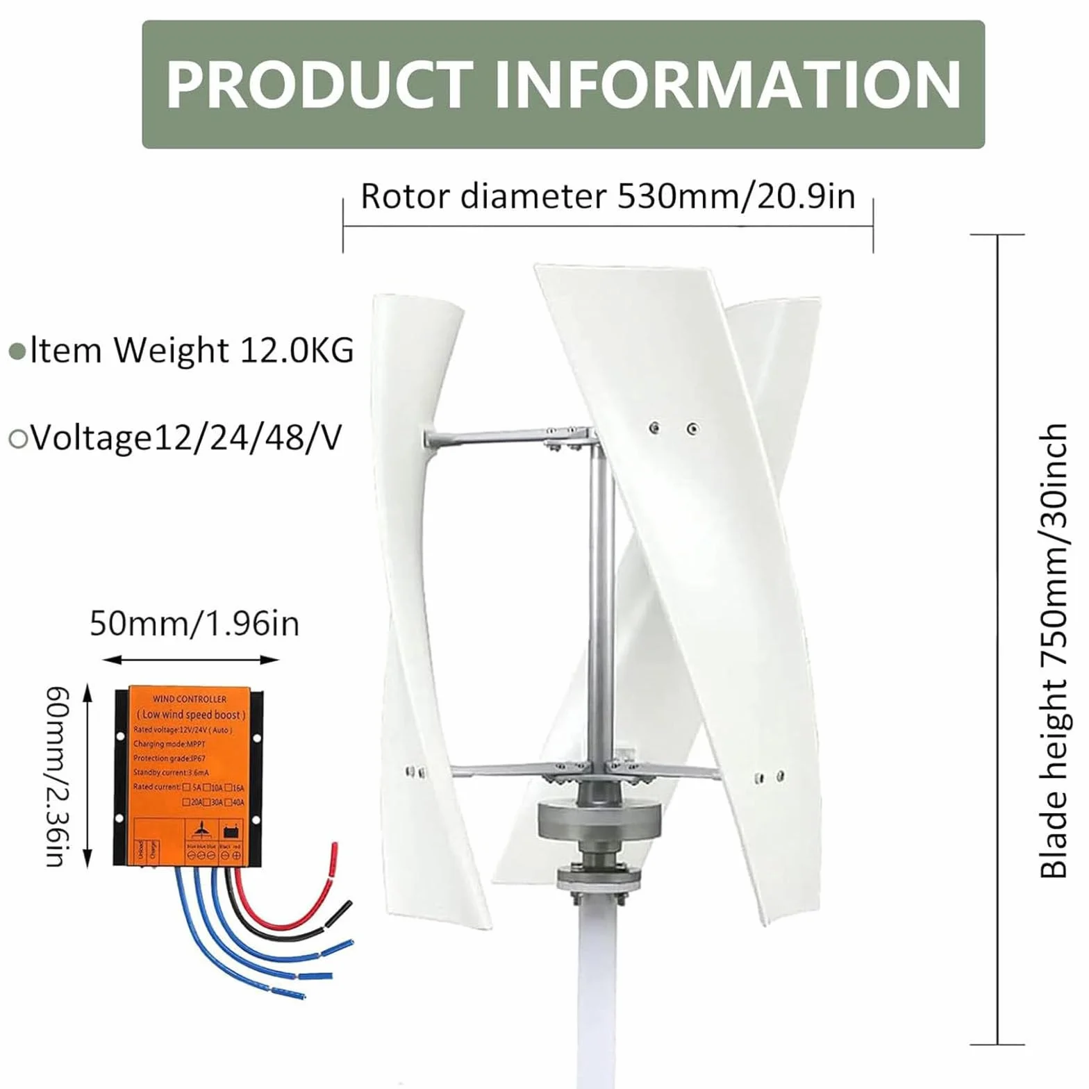 Zestaw generatora turbiny wiatrowej, lewitacja magnetyczna 3000 W, pionowa turbina wiatrowa z wodoodpornym regulatorem ładowania do domu, kampera, dachu, kompatybilna z 12 V, 24 V, 48 V, 220 V