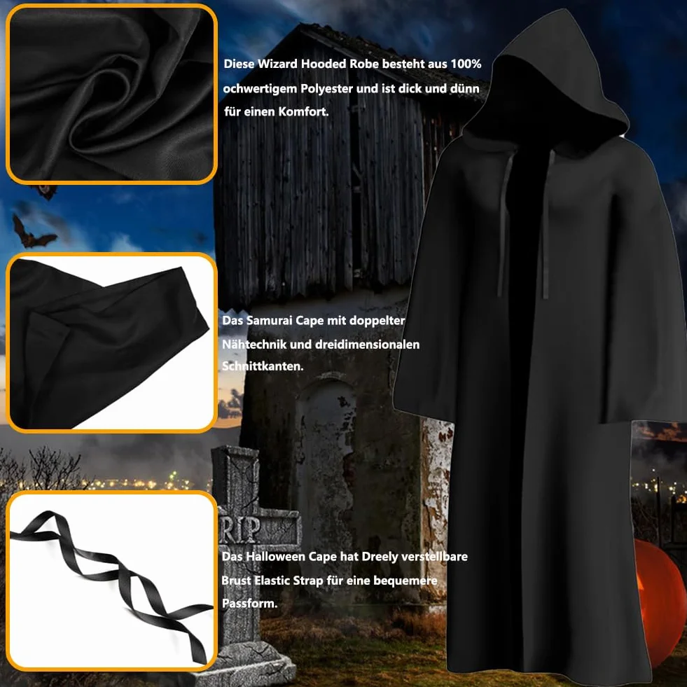 Peleryna z kapturem, czarna, kostium na karnawał, Halloween, kostium Jedi, męska peleryna z kapturem, szata dla dorosłych, wampira, czarodziejska, Cosplay, strój na imprezę