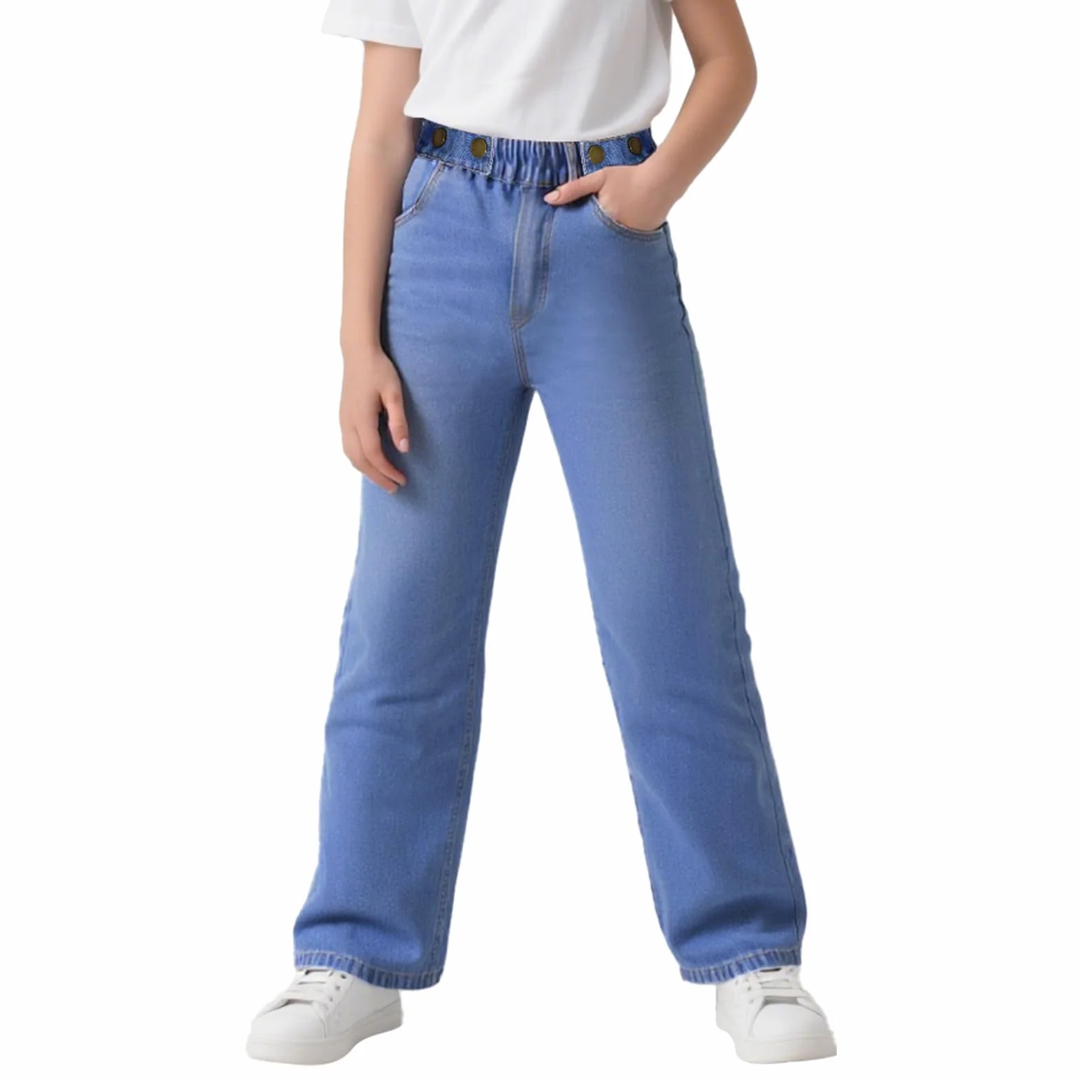 Dżinsy dziewczęce z szerokimi nogawkami, spodnie dżinsowe, dziecięce, luźne, miękkie, elastyczne ściągacze, szerokie nogawki, streetwear z kieszeniami, dla nastolatków, luźny krój, spodnie