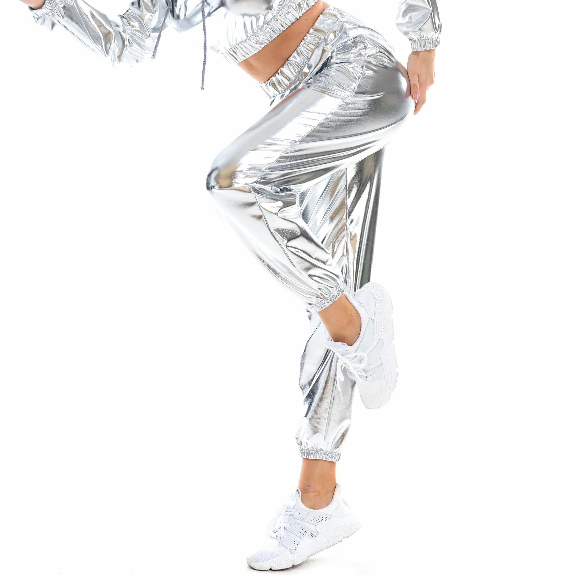 NewL Damskie metaliczne błyszczące joggery na co dzień holograficzne kolorowe spodnie streetwear hip-hop moda gładkie elastyczne spodnie