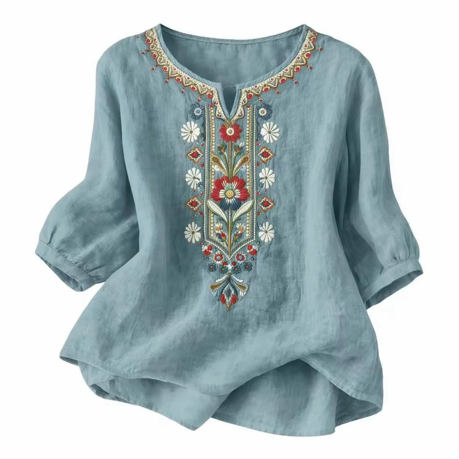 Haftowane lniane topy dla kobiet dekolt w serek na co dzień bluzki z rękawami 3/4 luźne topy boho szykowna tunika chłopskie ubrania