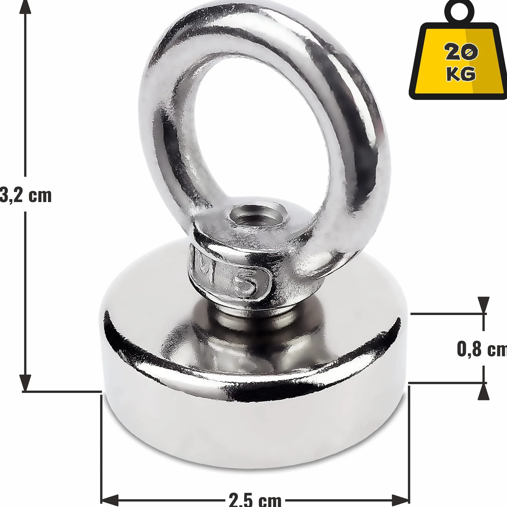 Sensei 3 sztuki Magnes neodymowy oczkowy Ø25 x H32 mm, bardzo mocny magnes w obudowie stalowej 20 kg udźwigu, magnes haczykowy