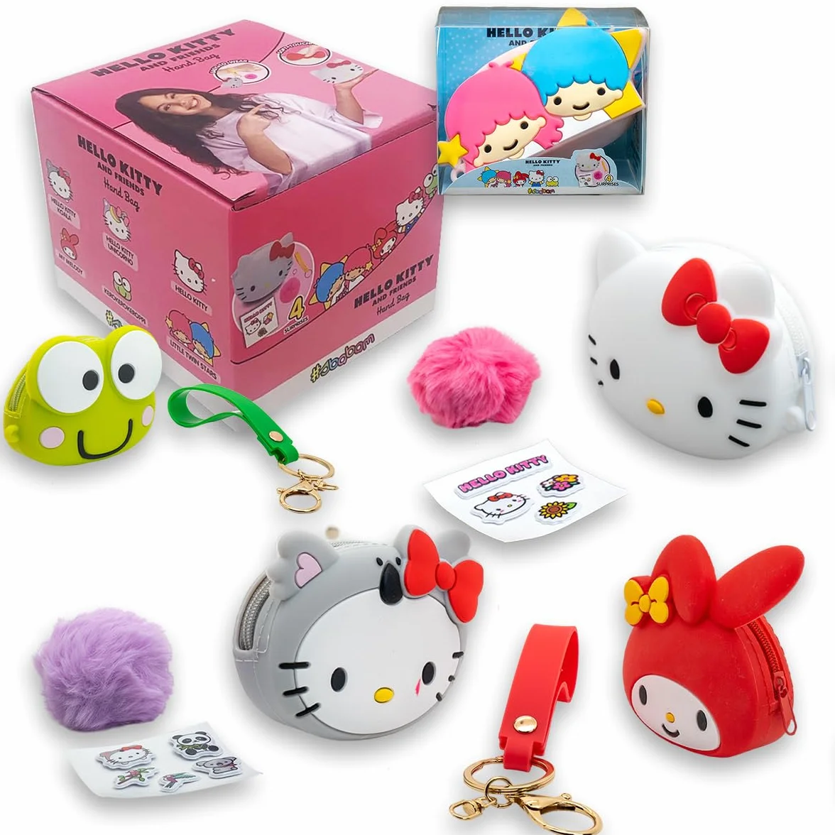 #sbabam, FUNNY BOX Hello Kitty Handbag, kolorowa torebka dziewczęca z naklejkami, pluszowa bransoletka i akcesoria, torba dziewczęca z paskiem na ramię na prezent dla dziewczynki 2 sztuki, zabawki dla