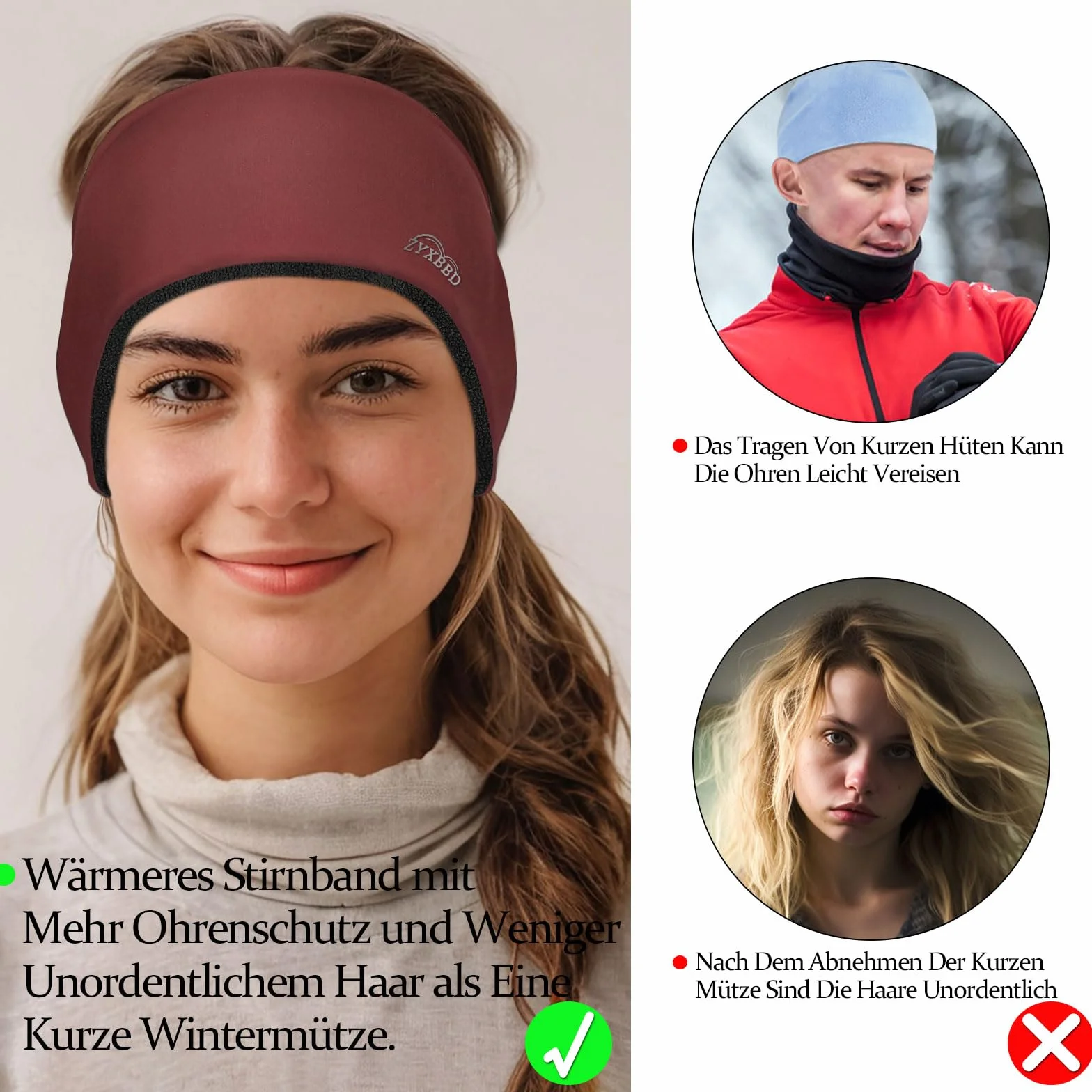 Polarowe ocieplacze na uszy, opaska na czoło dla kobiet i mężczyzn – zimowa opaska na uszy, sportowa opaska na włosy do biegania, joggingu, wędrówek, jazdy na rowerze i jazdy na nartach (czerwona