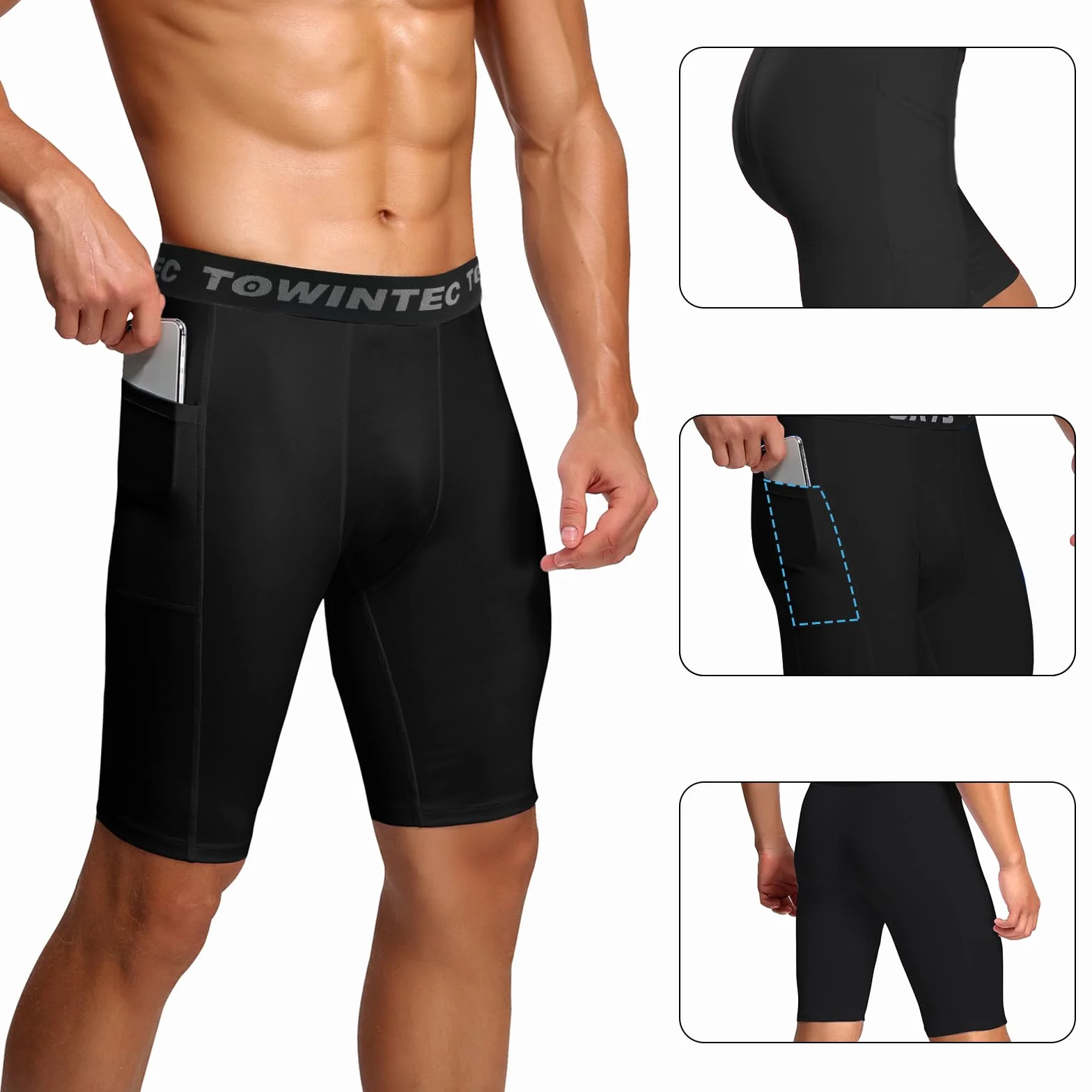 Męskie spodenki kompresyjne z kieszenią sportowe legginsy do biegania spandex warstwa bazowa krótkie