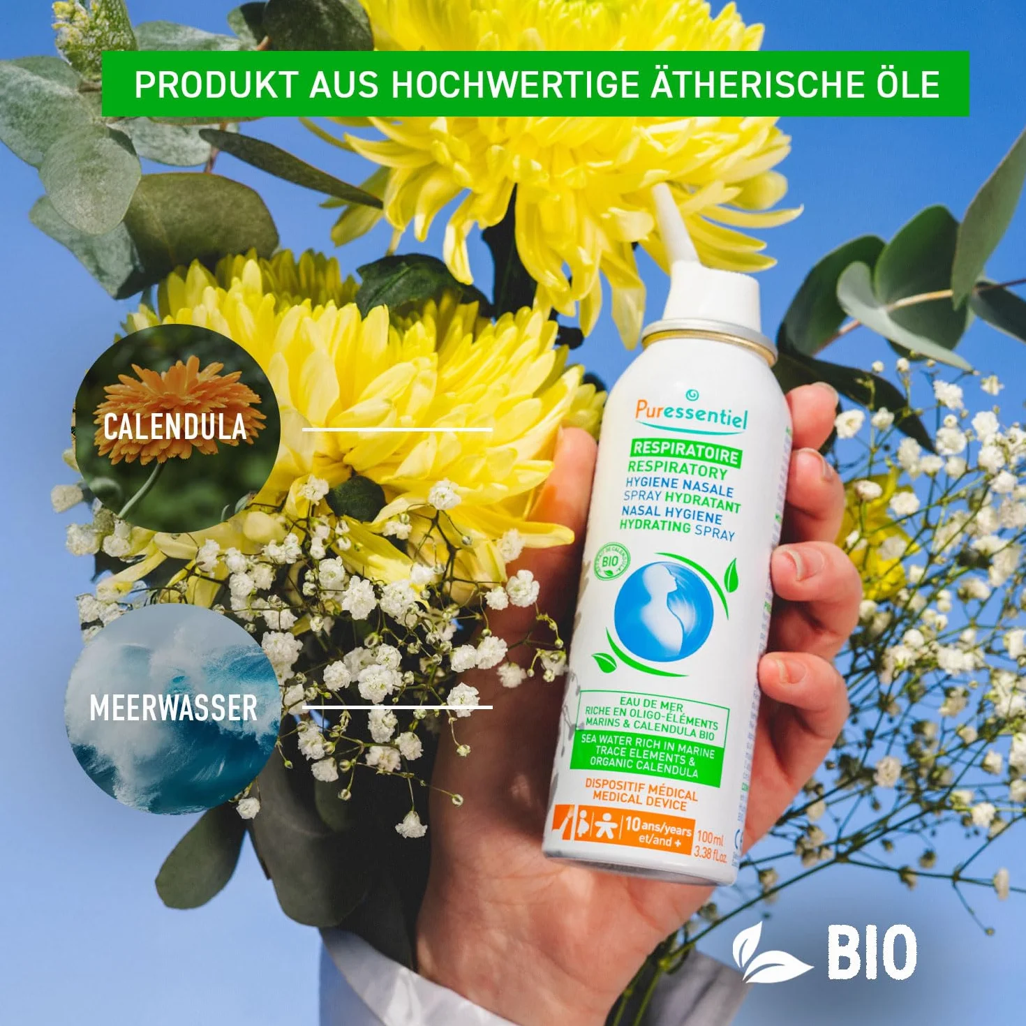 Puressentiel Nawilżający spray do higieny układu oddechowego – oczyszcza jamy nosowe – roztwór izotoniczny – idealny do suchych, wrażliwych i podrażnionych nosów – woda morska i organiczny nagietek