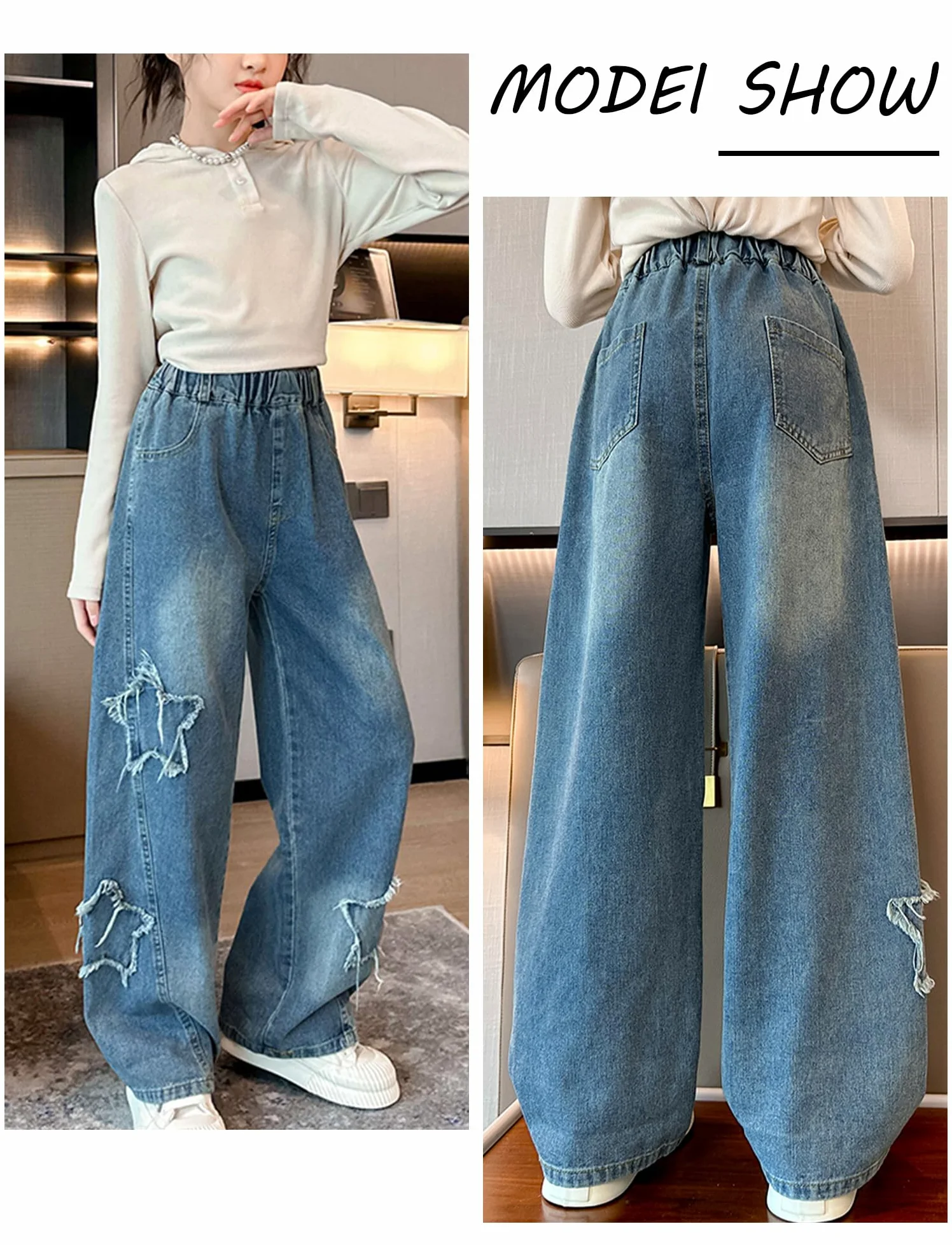 SEAUR Plus Size Girls Jeans Vintage Jeans Baggy Denim Pants Kids Loose Fit Jeans Wide Leg Jeans Y2K Dziewczęce spodnie jeansowe