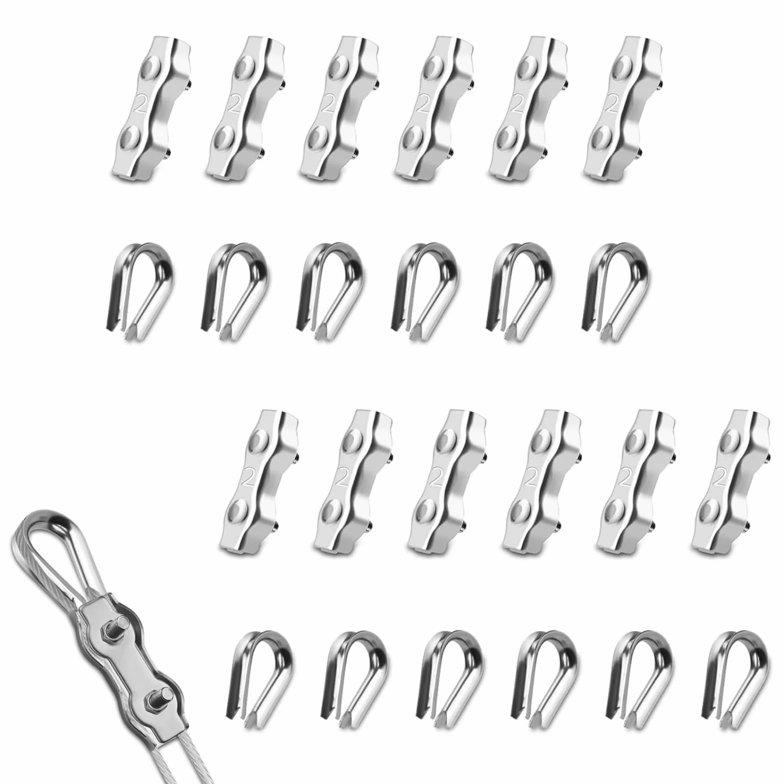24 sztuki zacisków linowych M2, stal nierdzewna 304, zacisk linowy z 12 zaciskami linowymi 2 mm i 12 kauszykami linowymi 2 mm, zacisk duplex, łącznik, linka druciana, klipsy do napinaczy do bielizny