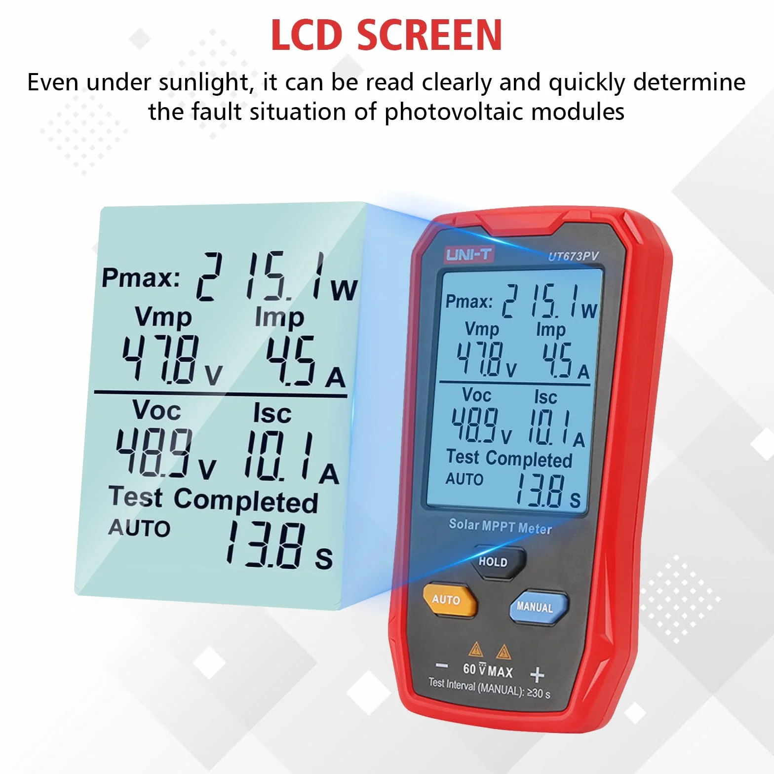 UT673PV tester paneli słonecznych, 800 W, multimetr fotowoltaiczny z wyświetlaczem LCD, fotowoltaicznym panelem słonecznym, tester mocy, inteligentny MPPT rozwiązywanie błędów napięcia jałowego, nie