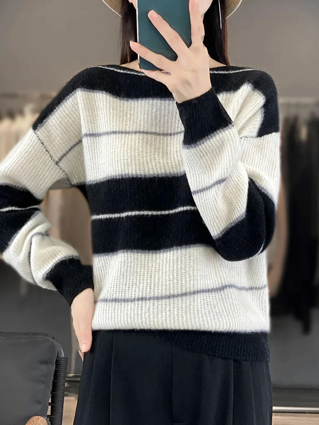 Vogrtcc Damski sweter z długim rękawem oversize sweter wełniany w paski na co dzień kaszmirowa dzianina