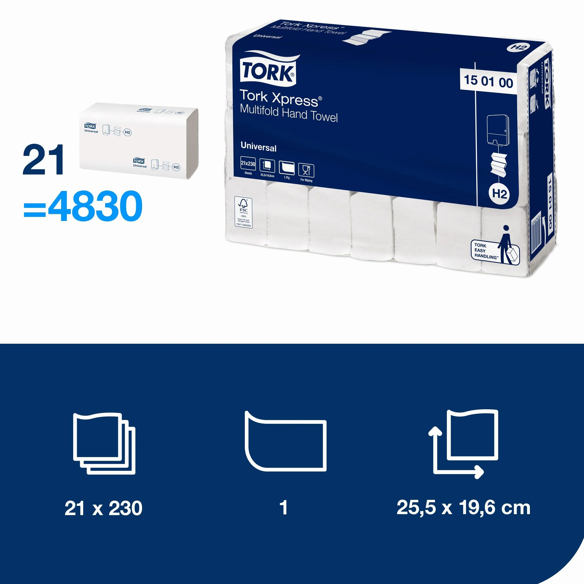 Tork Xpress Multifold ręczniki białe H2, uniwersalna jakość, ekonomiczne, 21 × 230 ściereczek, 150100