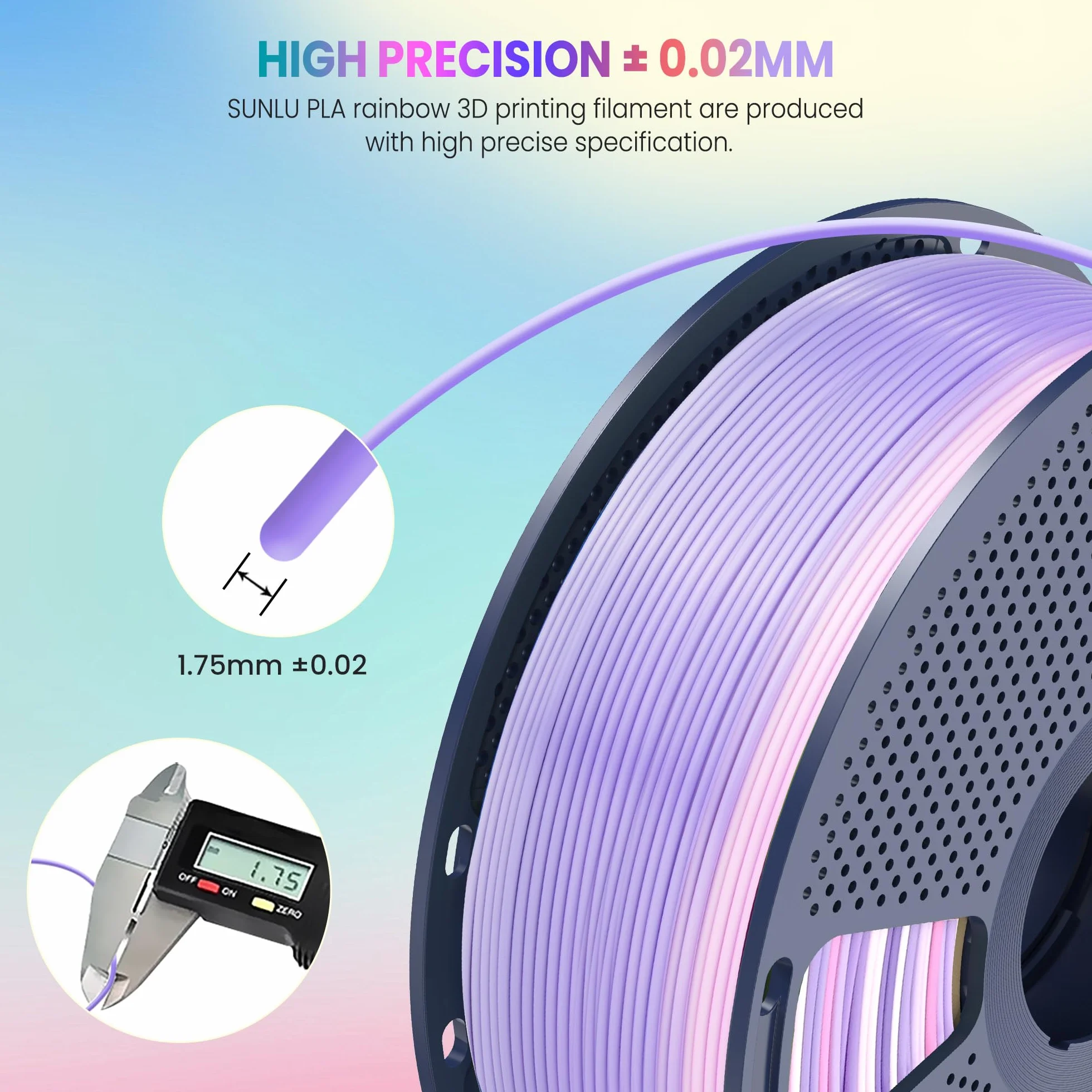 SUNLU Rainbow PLA Filament do drukarki, wielokolorowy, czysto nawinięty gradient PLA 3D, filament do drukarki 1,75 mm ± 0,02 mm, waga całkowita 4 kg, 1 kg na szpulę, 4 rolki.